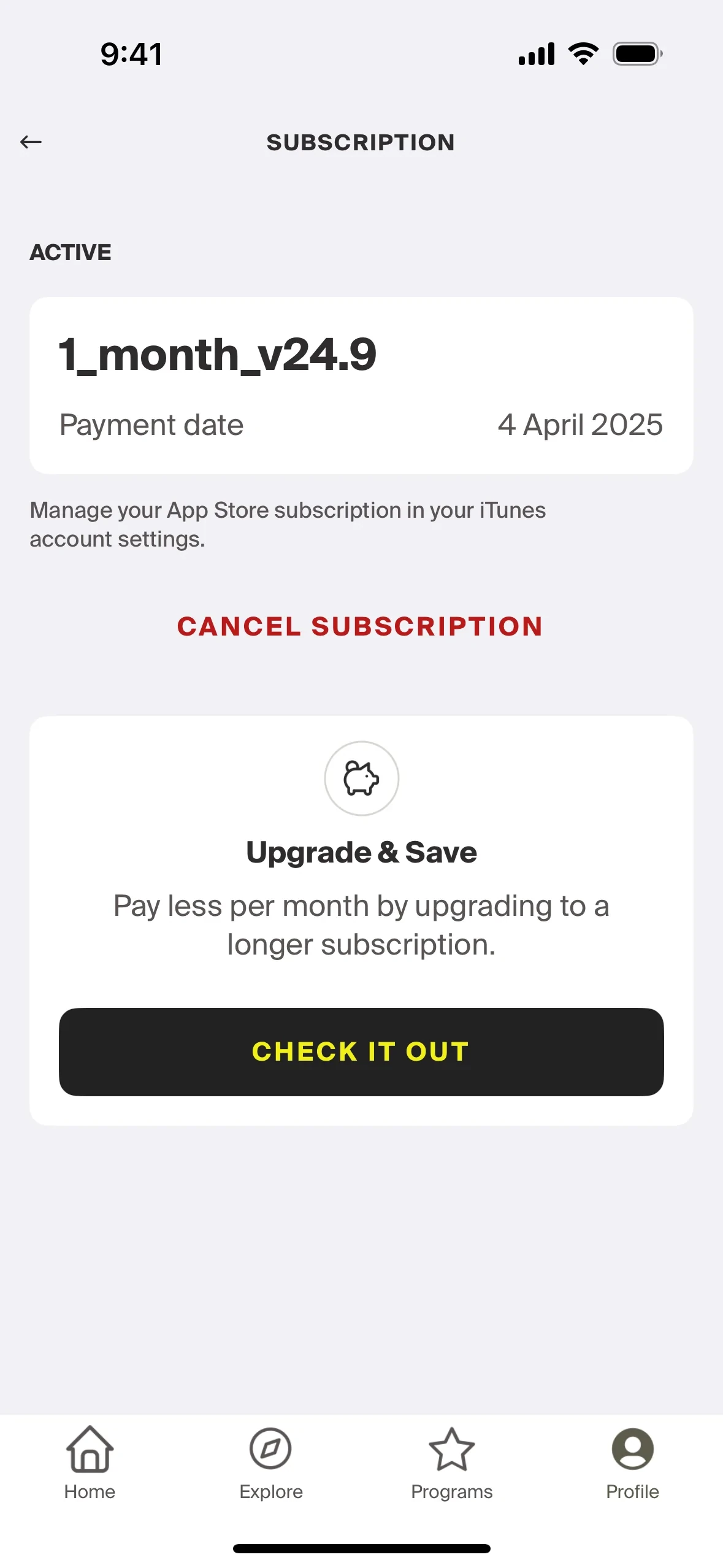 Centr Subscription screen showing an active 1-month plan with payment date, a red Cancel Subscription link, and an Upgrade & Save card with a Check It Out button