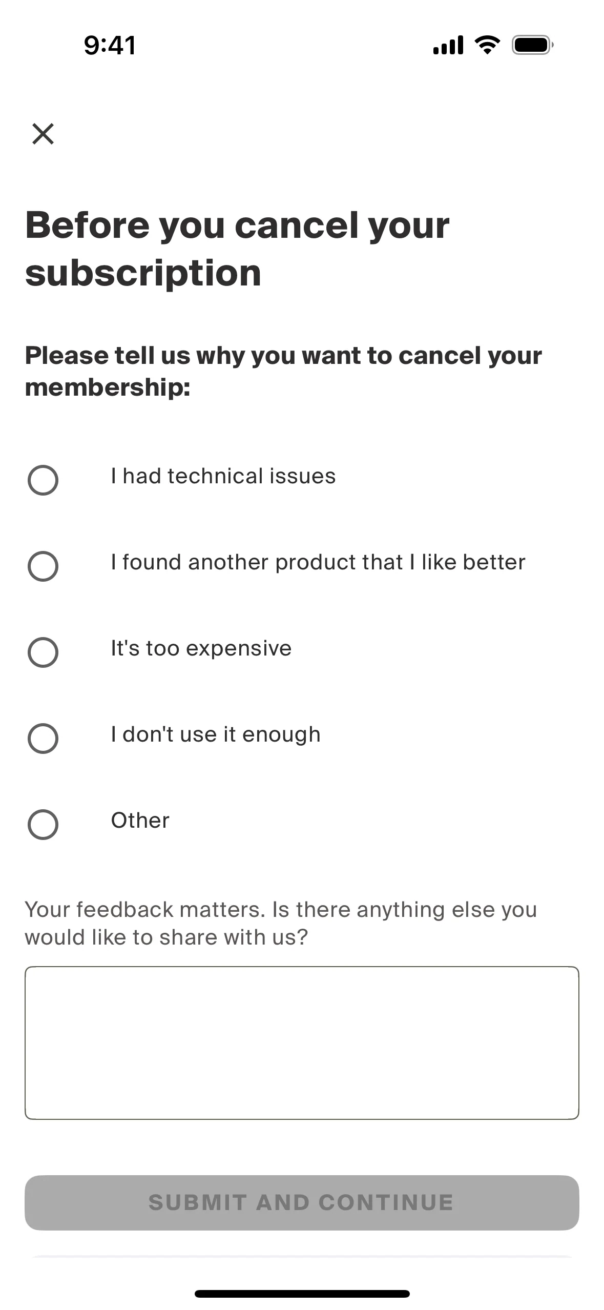 Centr exit survey titled Before you cancel your subscription with five reason options — technical issues, found another product, too expensive, don't use it enough, and Other — a feedback text box, and a greyed-out Submit and Continue button