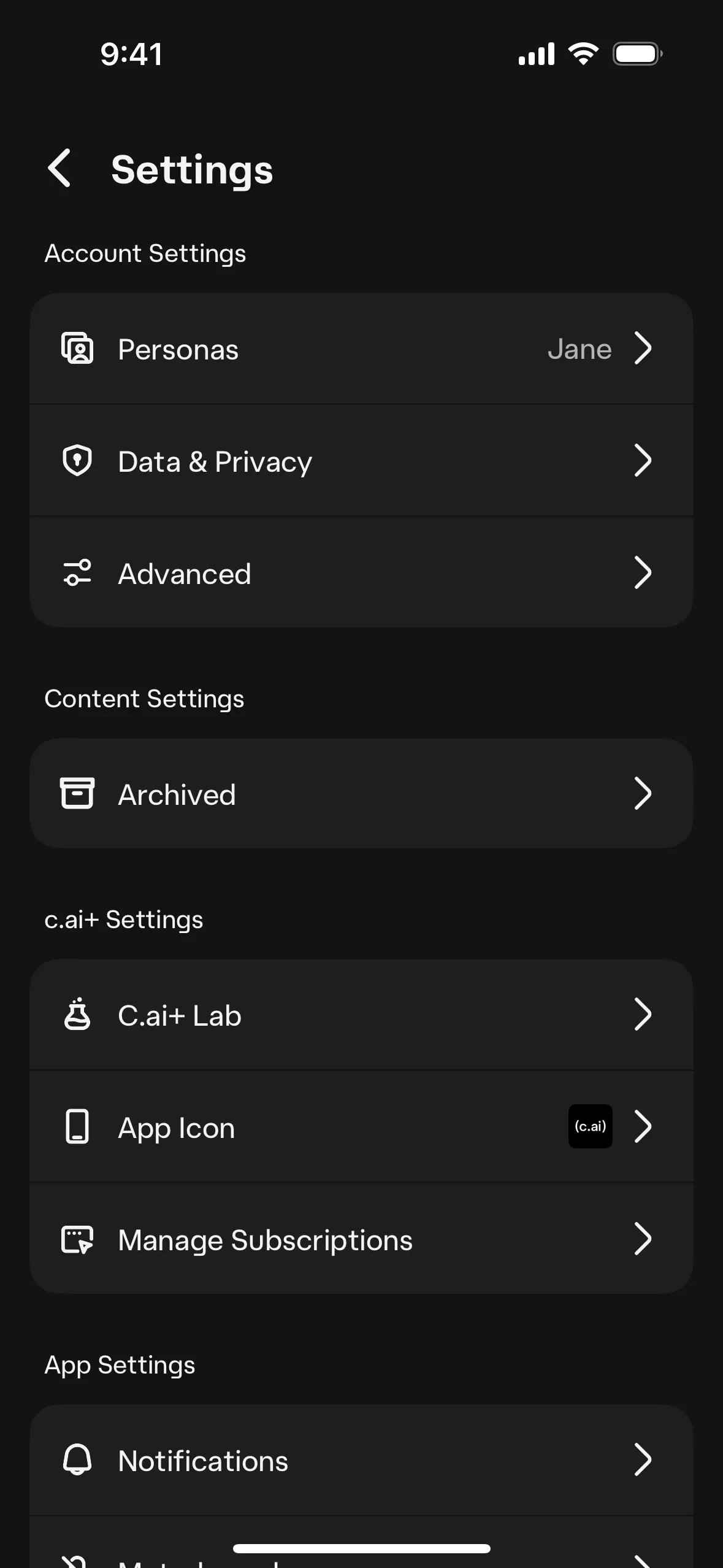 Character.AI iOS Settings screen showing c.ai+ Settings with C.ai+ Lab, App Icon, and Manage Subscriptions rows; Account Settings and Content Settings sections above