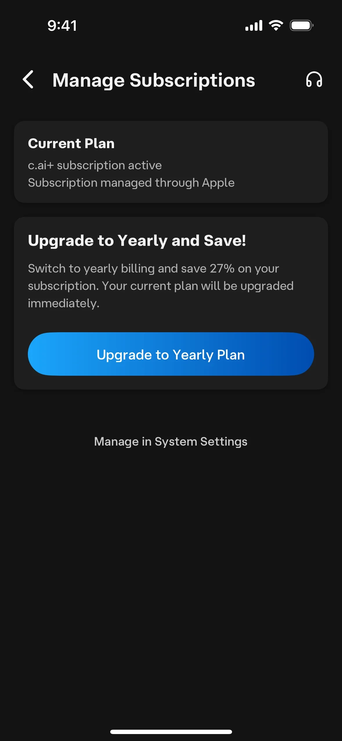 Character.AI iOS Manage Subscriptions screen showing Current Plan c.ai+ subscription active managed through Apple, an Upgrade to Yearly and Save card with Upgrade to Yearly Plan button, and Manage in System Settings link below