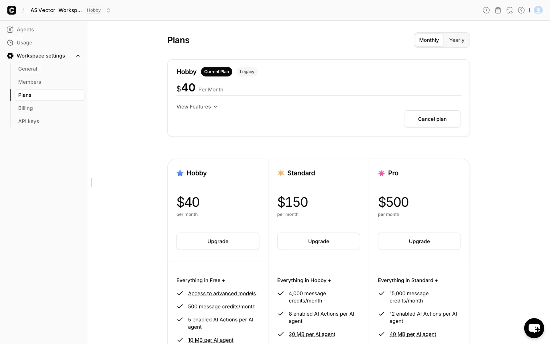 Chatbase Workspace settings Plans page showing the current Hobby plan at $40 Per Month with a Cancel plan button on the right