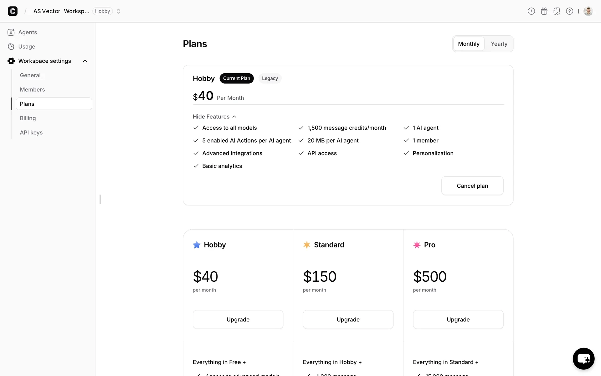 Expanded Hobby plan features showing access to all models, 1,500 message credits/month, 1 AI agent, 1 member, API access, and basic analytics
