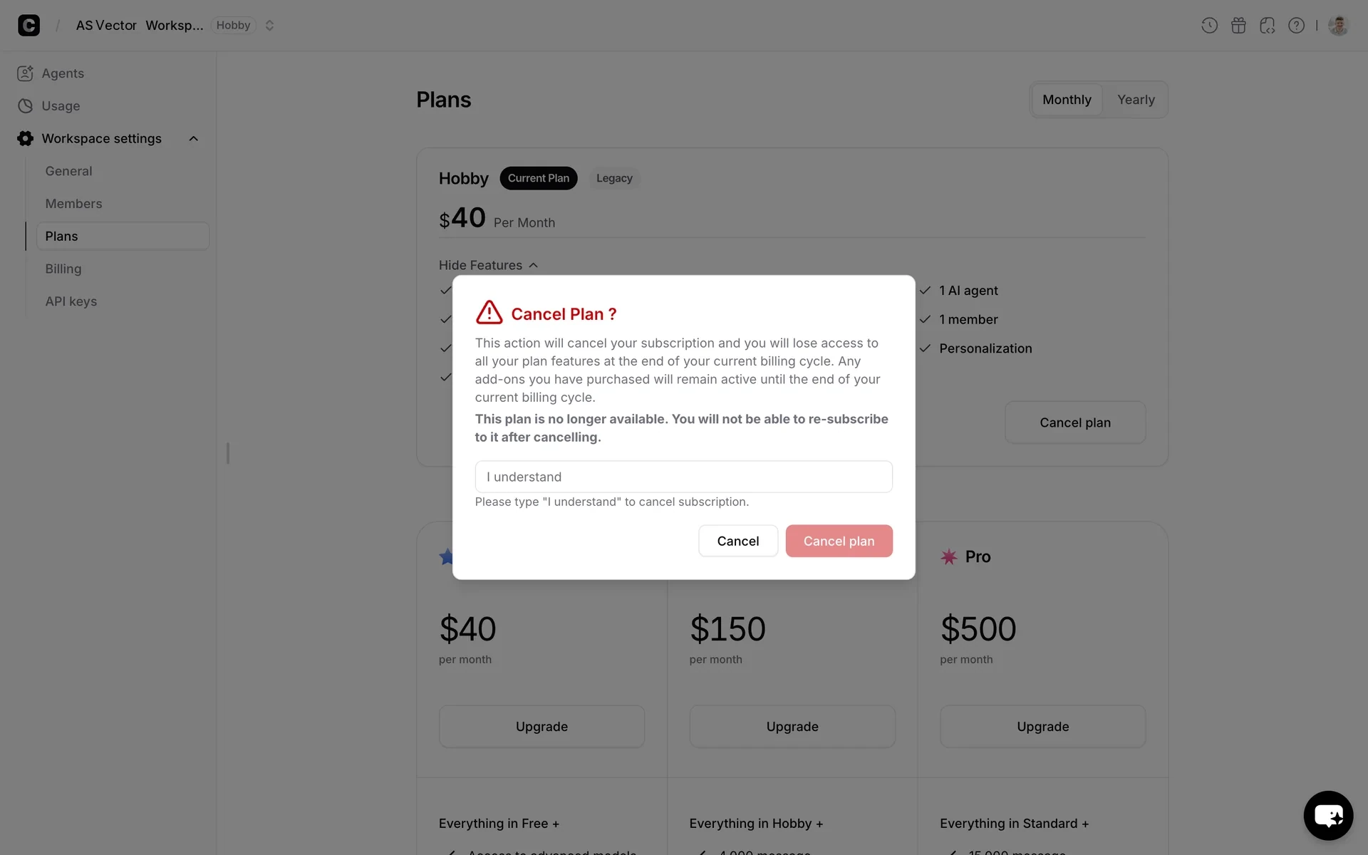 Cancel Plan confirmation dialog warning that the subscription will be canceled and plan features lost at the end of the billing cycle, with a disabled red Cancel plan button