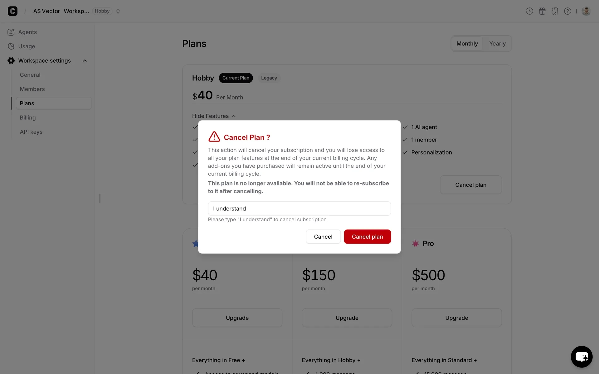Cancel Plan dialog with "I understand" typed into the confirmation field and the red Cancel plan button now active