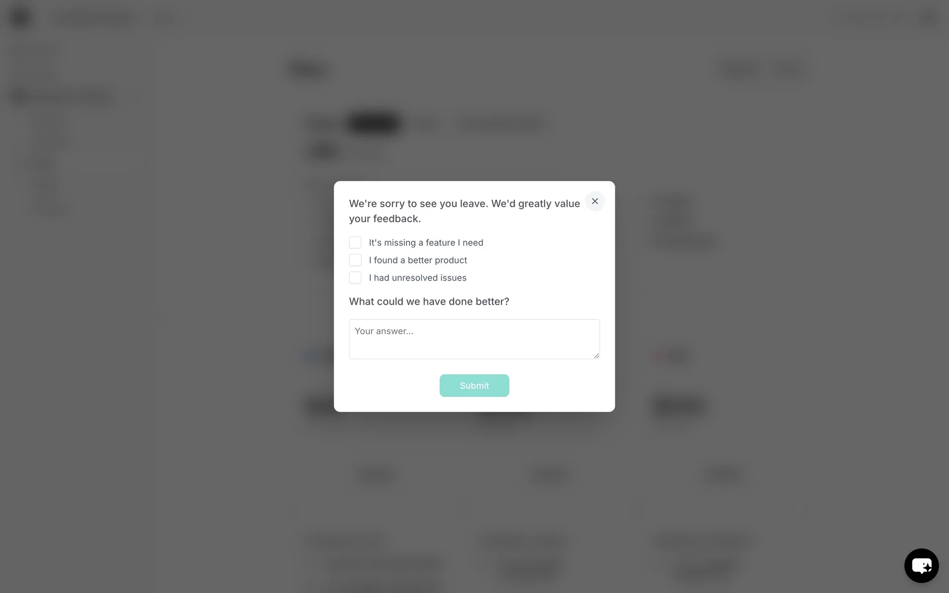 Chatbase cancellation feedback survey with checkboxes for missing feature, better product, and unresolved issues plus a What could we have done better text field