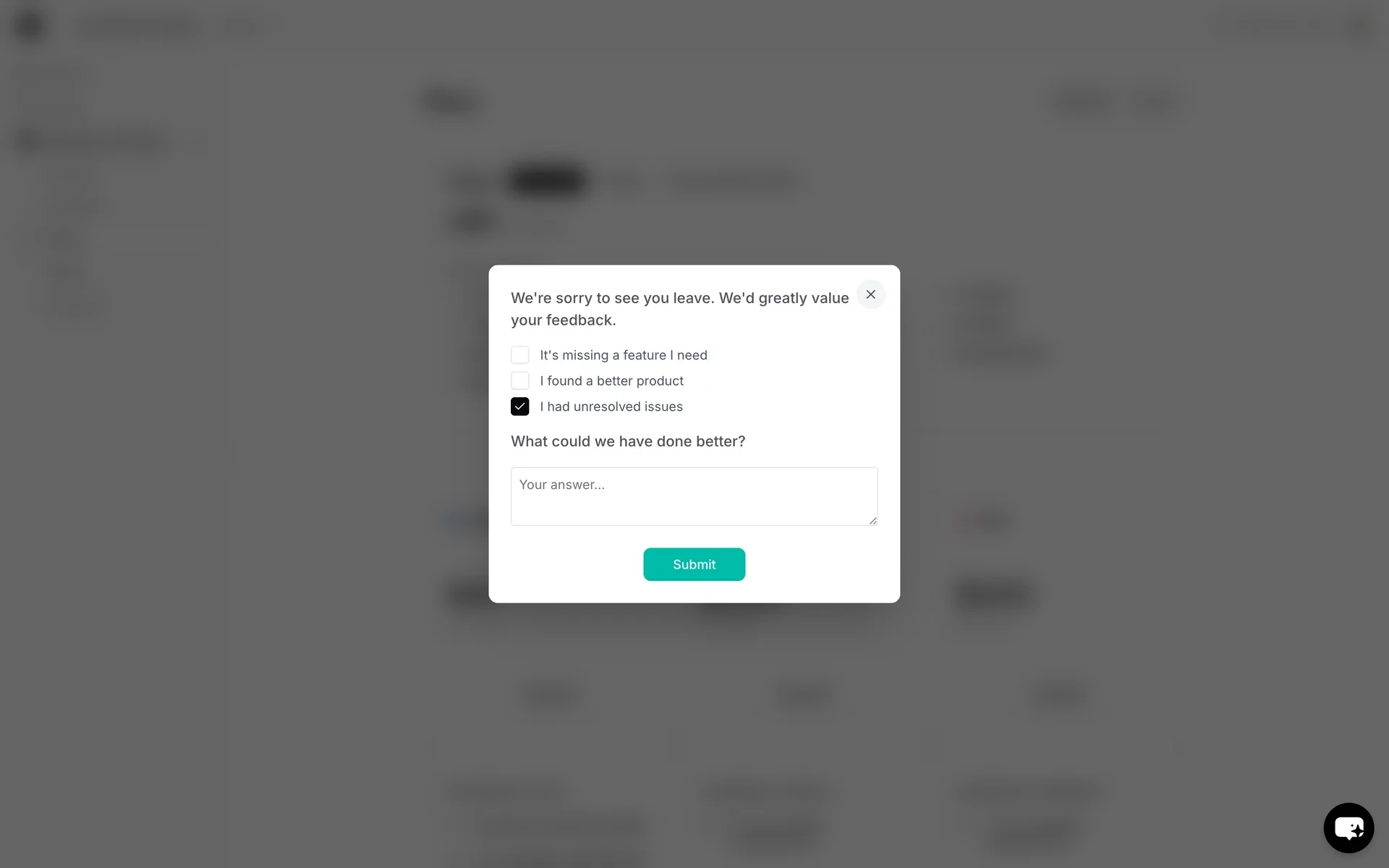 Feedback survey with the "I had unresolved issues" checkbox selected and the green Submit button active