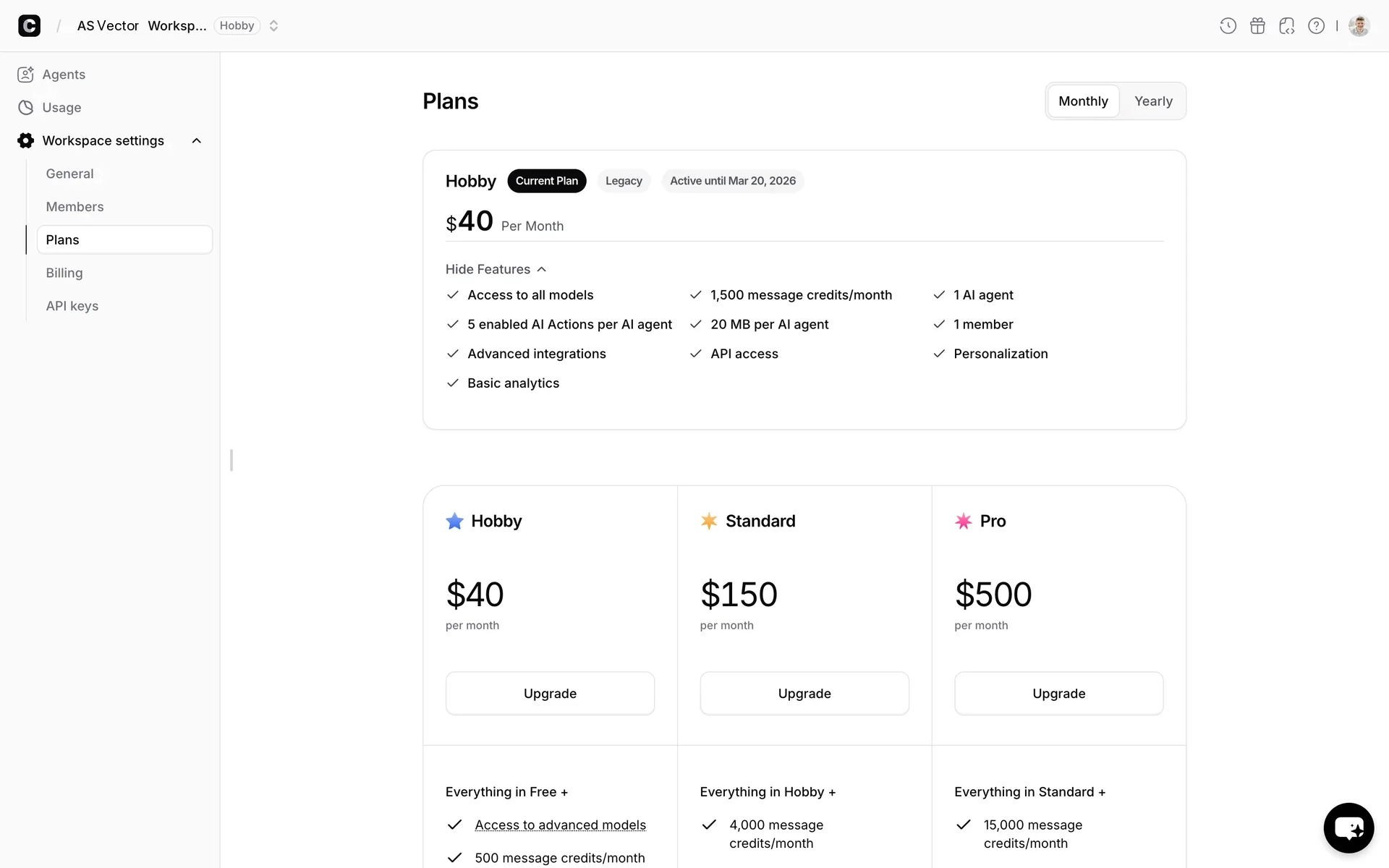 Chatbase Plans page after canceling, the Hobby plan card showing an Active until Mar 20, 2026 badge next to the plan name