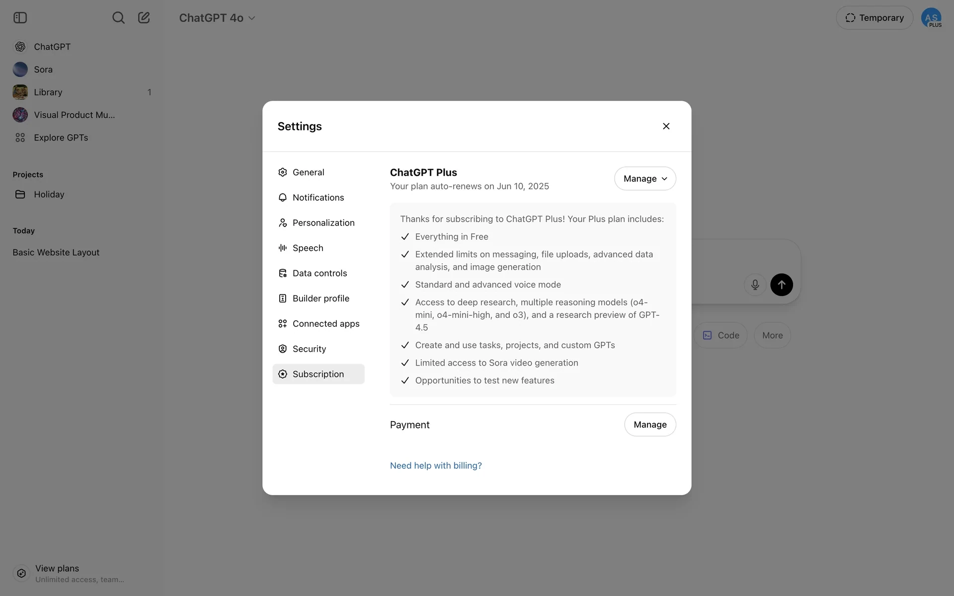 ChatGPT Settings modal on the Subscription tab showing the ChatGPT Plus plan, "Your plan auto-renews on Jun 10, 2025", a Manage dropdown button, and the list of Plus benefits