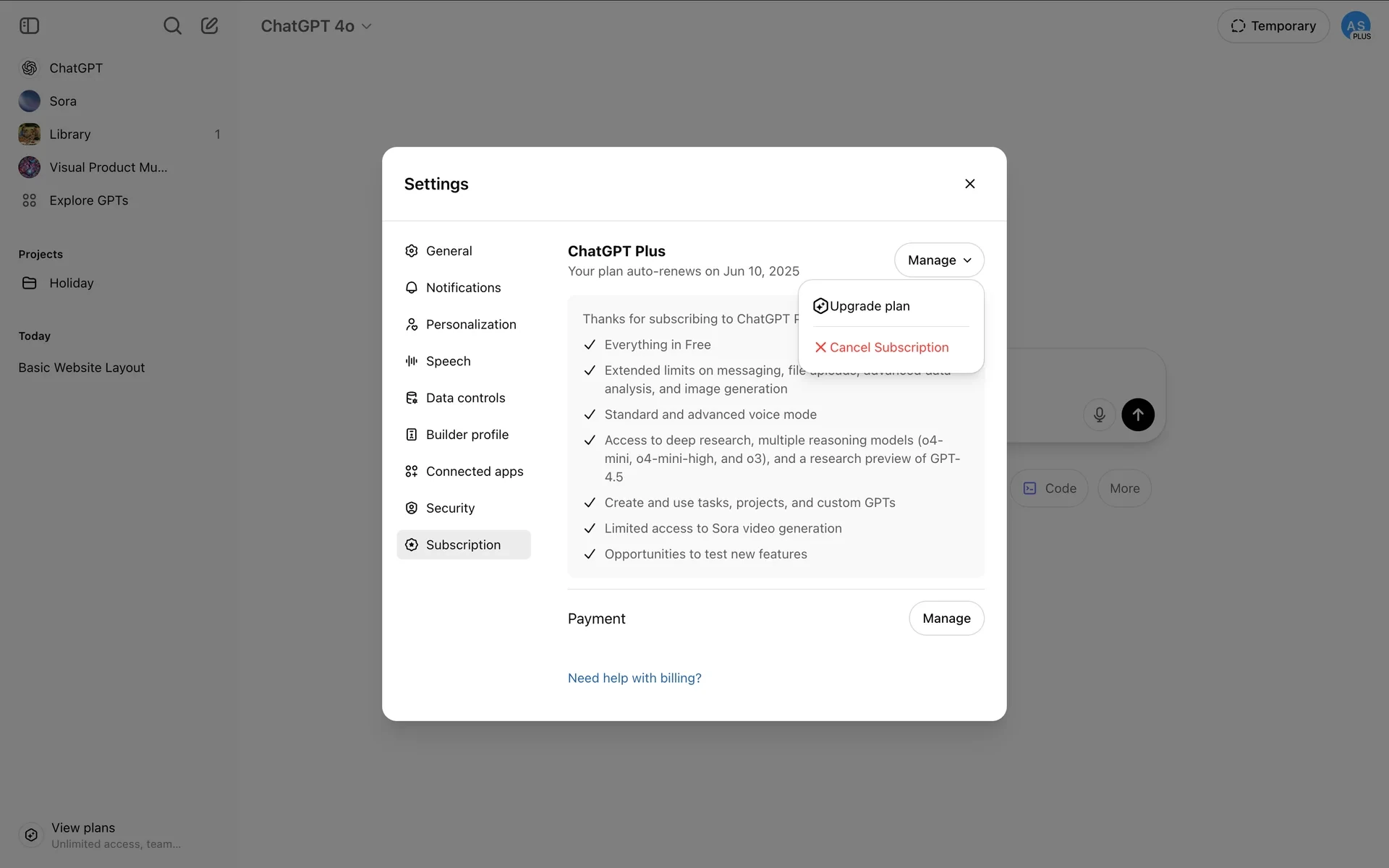 The Manage dropdown expanded showing two options: Upgrade plan and a red Cancel Subscription with an X icon