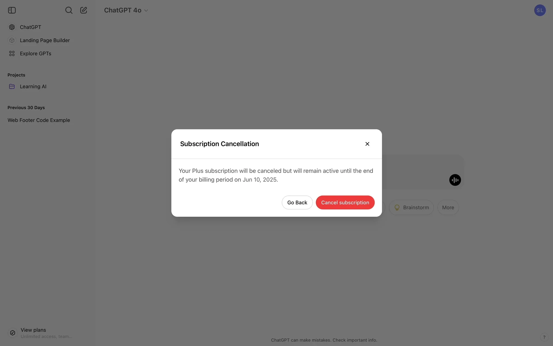 Subscription Cancellation dialog reading "Your Plus subscription will be canceled but will remain active until the end of your billing period on Jun 10, 2025" with Go Back and a red Cancel subscription button