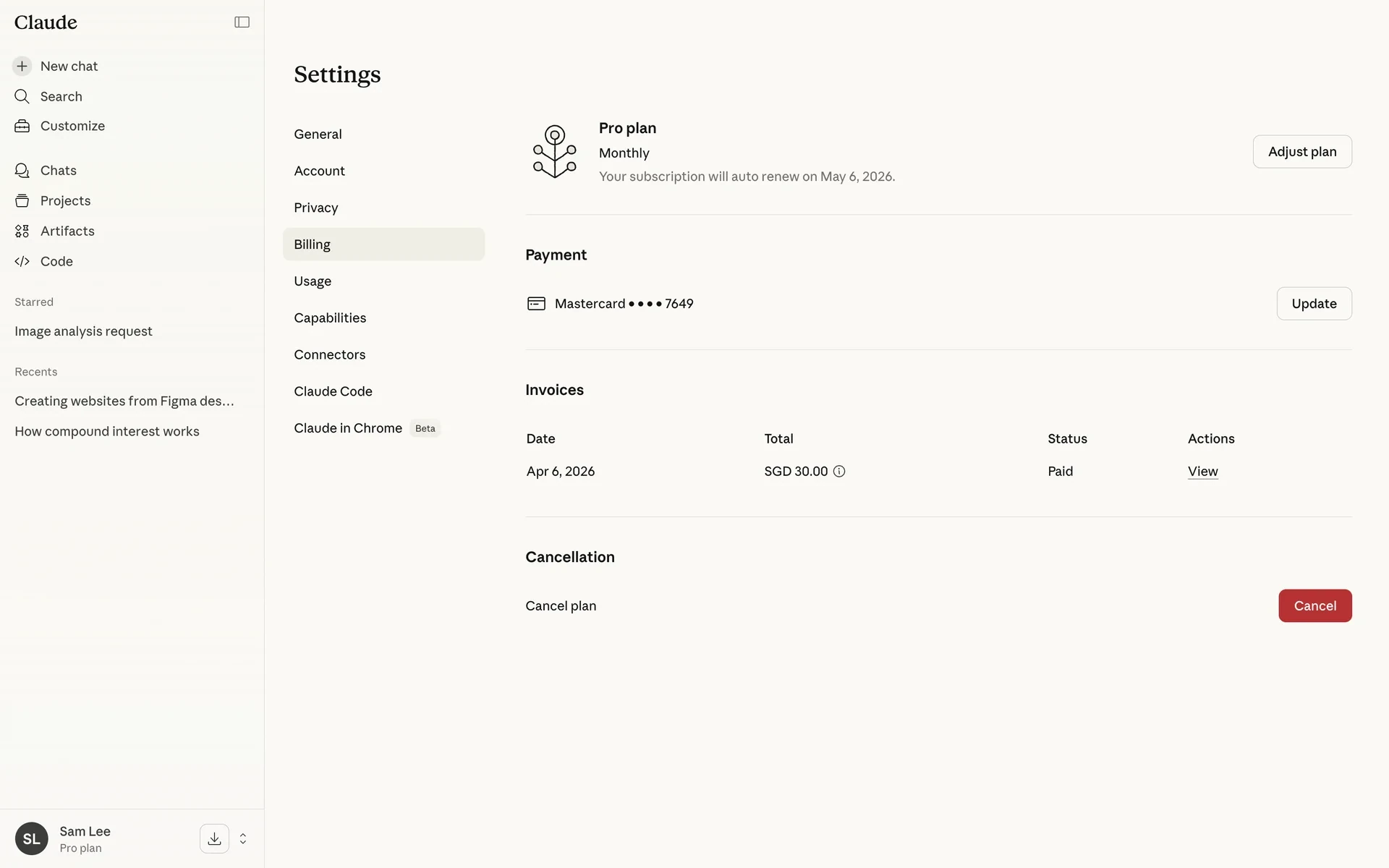 Claude Settings Billing tab showing the Pro plan on Monthly billing with an auto-renew date, a Mastercard payment method, an SGD 30.00 paid invoice, and a Cancellation section with a red Cancel button at the bottom