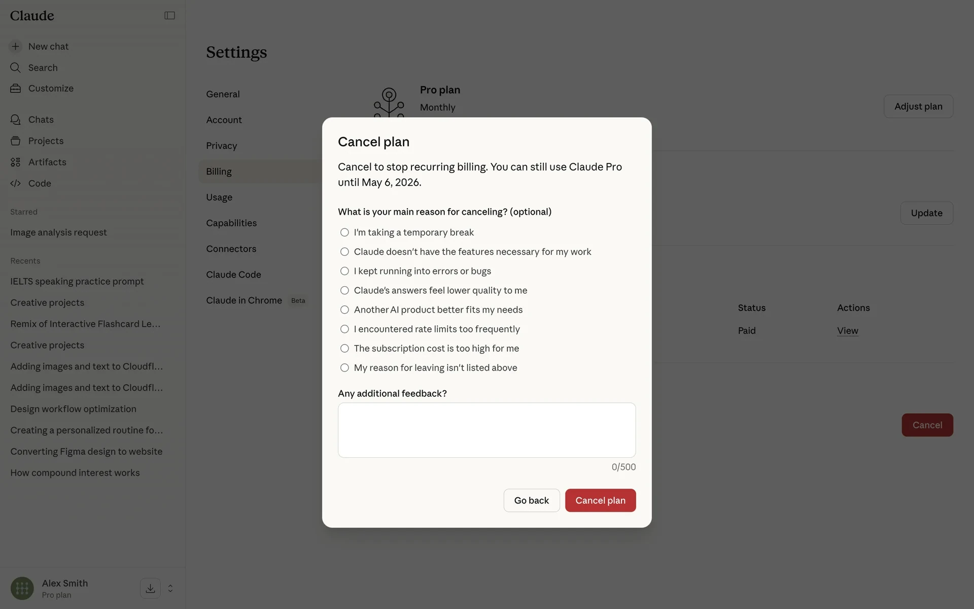 Claude Cancel plan modal explaining the plan stays active until the billing end date, with an optional "What is your main reason for canceling?" survey listing eight radio options including "The subscription cost is too high for me" and "Another AI product better fits my needs", plus Go back and Cancel plan buttons