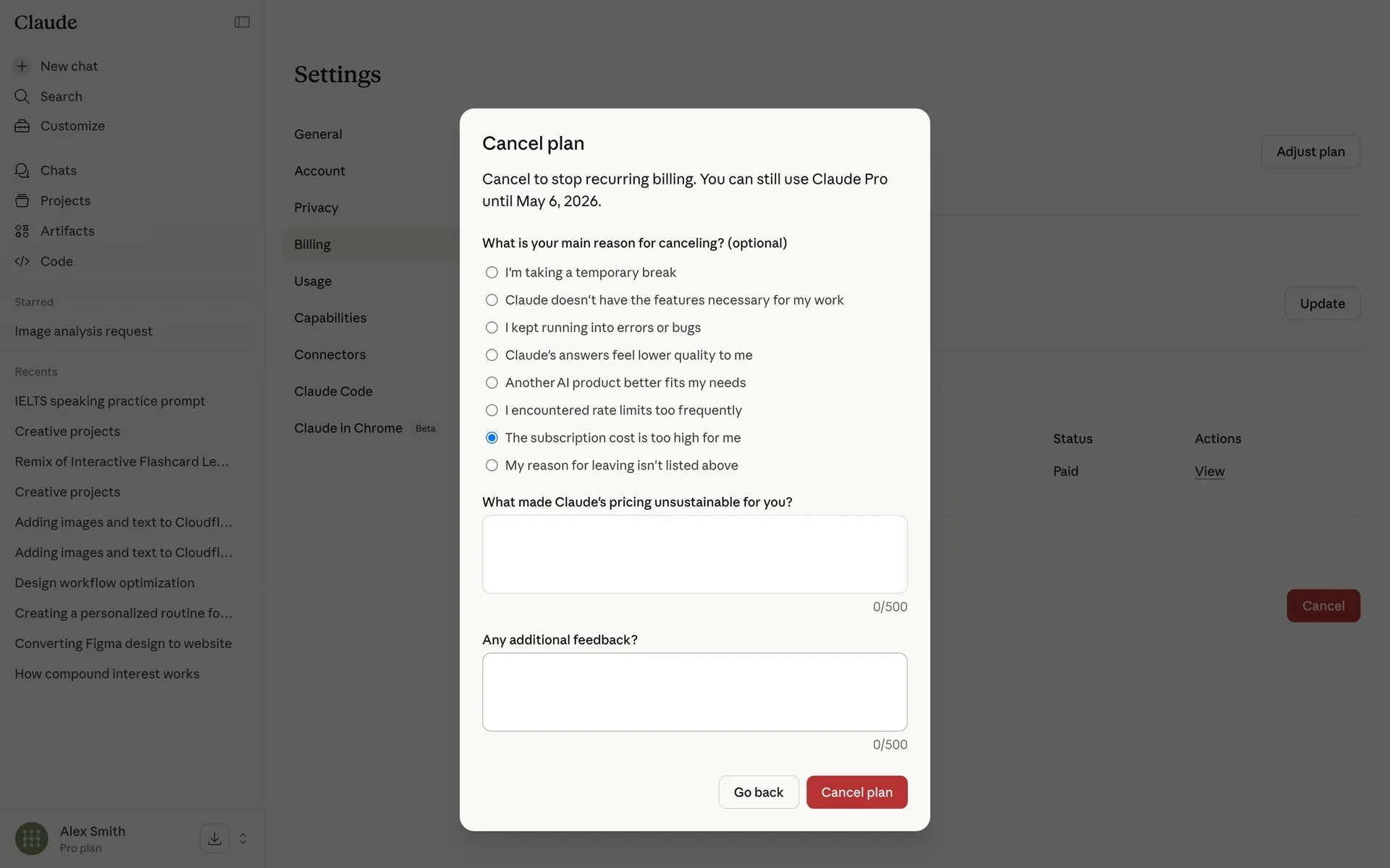 Claude Cancel plan modal with "The subscription cost is too high for me" selected, revealing a follow-up "What made Claude's pricing unsustainable for you?" textarea above an "Any additional feedback?" box, both empty