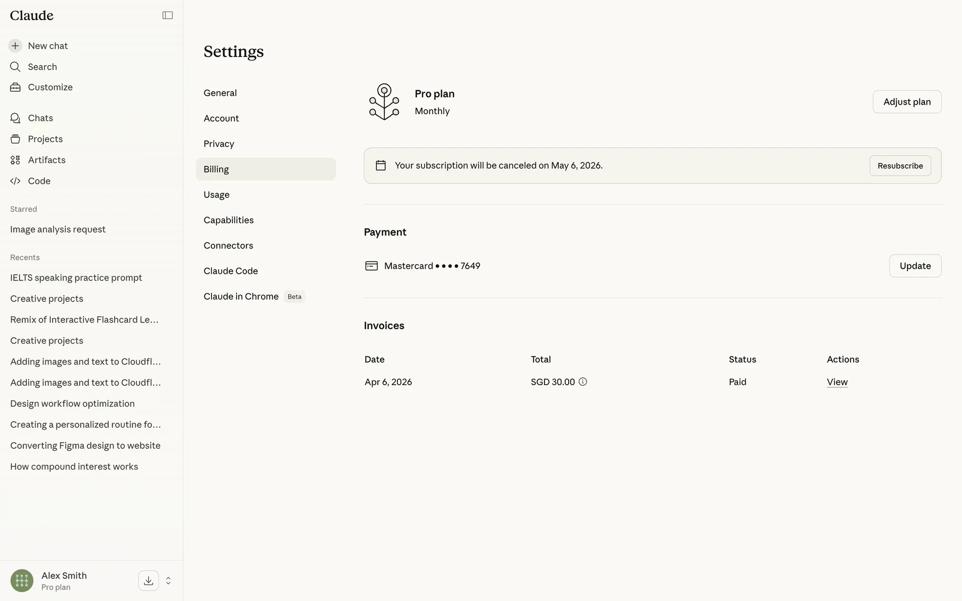 Claude Billing page after cancellation showing a banner reading "Your subscription will be canceled on May 6, 2026." with a Resubscribe button, the payment method, and the paid invoice still listed below