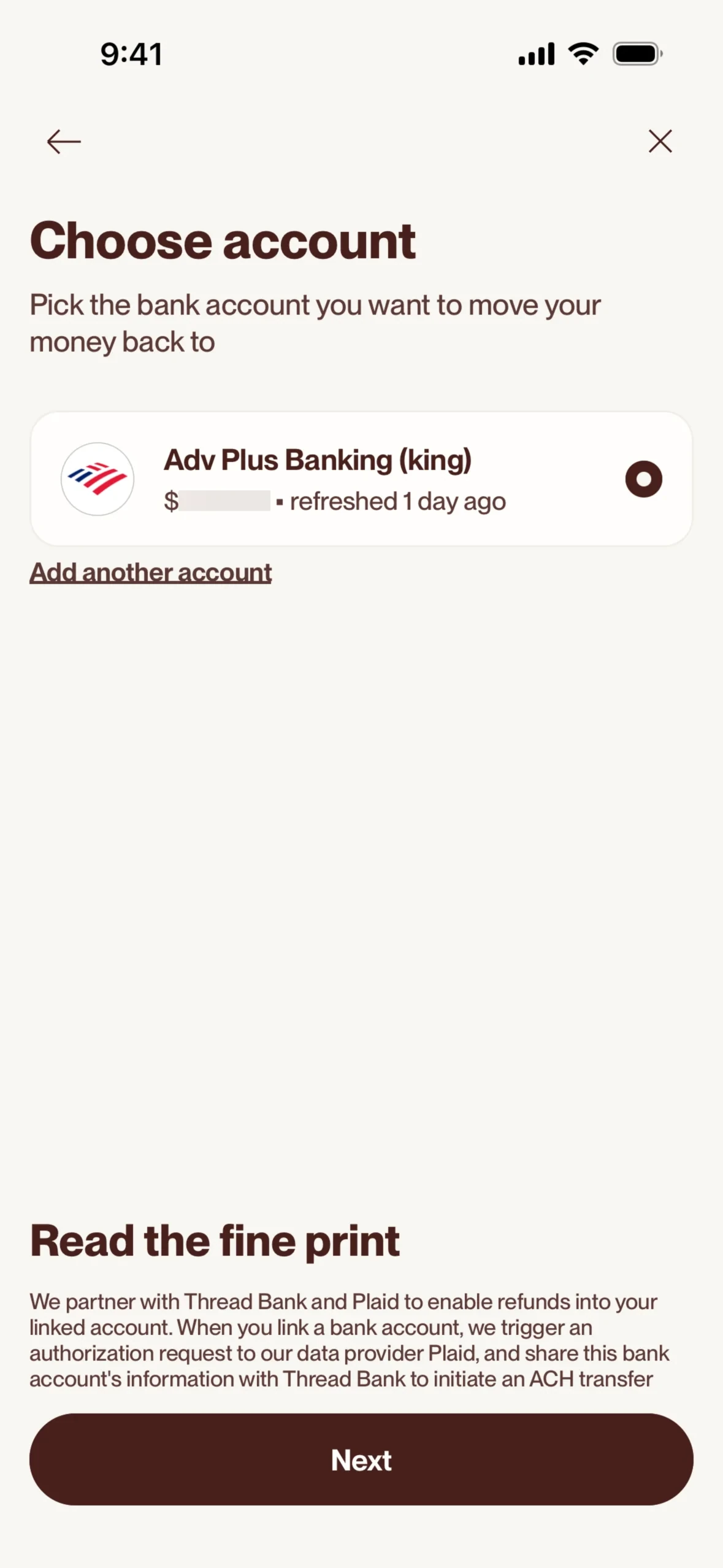 Cleo Choose account screen reading Pick the bank account you want to move your money back to, with one linked Bank of America checking account selected, an Add another account link, a Read the fine print section about Thread Bank and Plaid, and a dark Next button