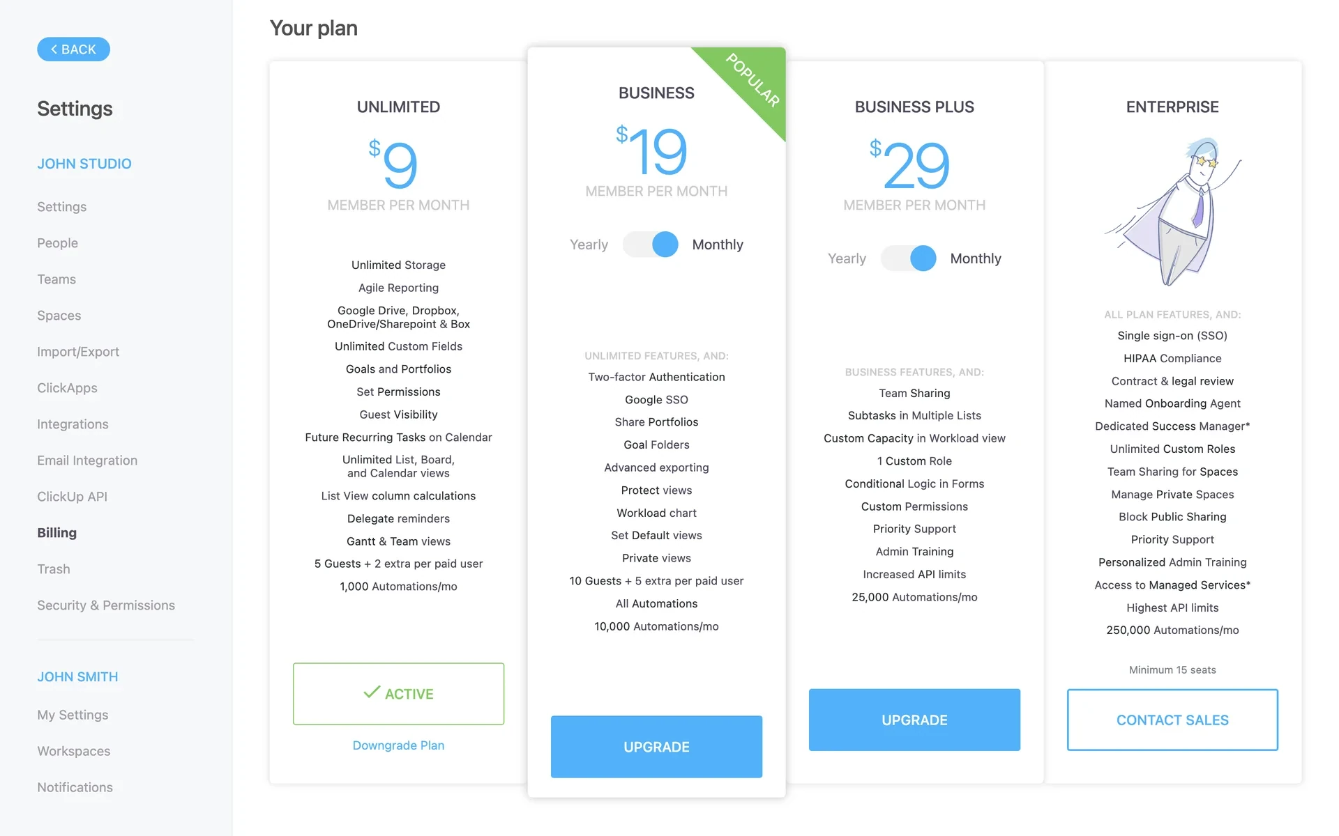ClickUp Billing Your plan page with Unlimited marked ACTIVE at $9 member per month and a blue Downgrade Plan link under the ACTIVE button, beside Business Popular and Business Plus upgrade cards