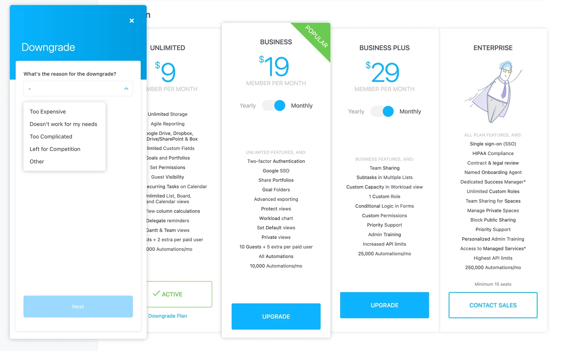 ClickUp Downgrade modal asking What's the reason for the downgrade with the dropdown open listing Too Expensive, Doesn't work for my needs, Too Complicated, Left for Competition, and Other above a Next button