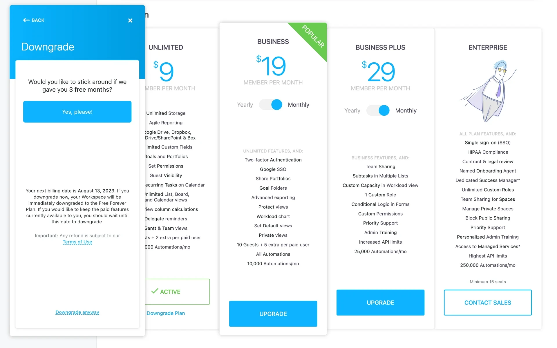 ClickUp Downgrade retention modal offering 3 free months with a large Yes please button, warning that downgrading now immediately moves the Workspace to Free Forever, and a small Downgrade anyway link at the bottom