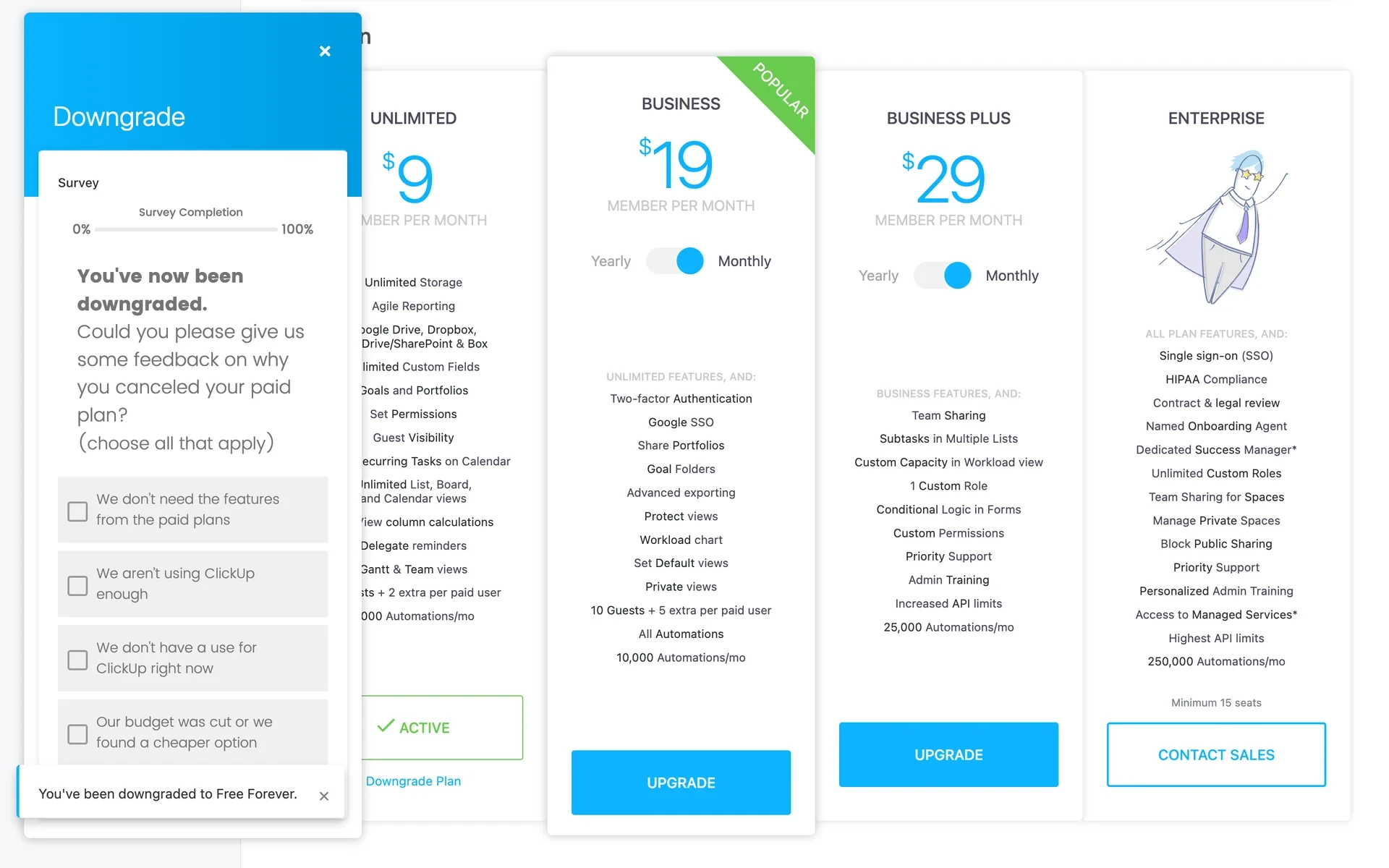 ClickUp Downgrade survey modal after cancel with a toast reading You've been downgraded to Free Forever and checkboxes asking why the paid plan was canceled