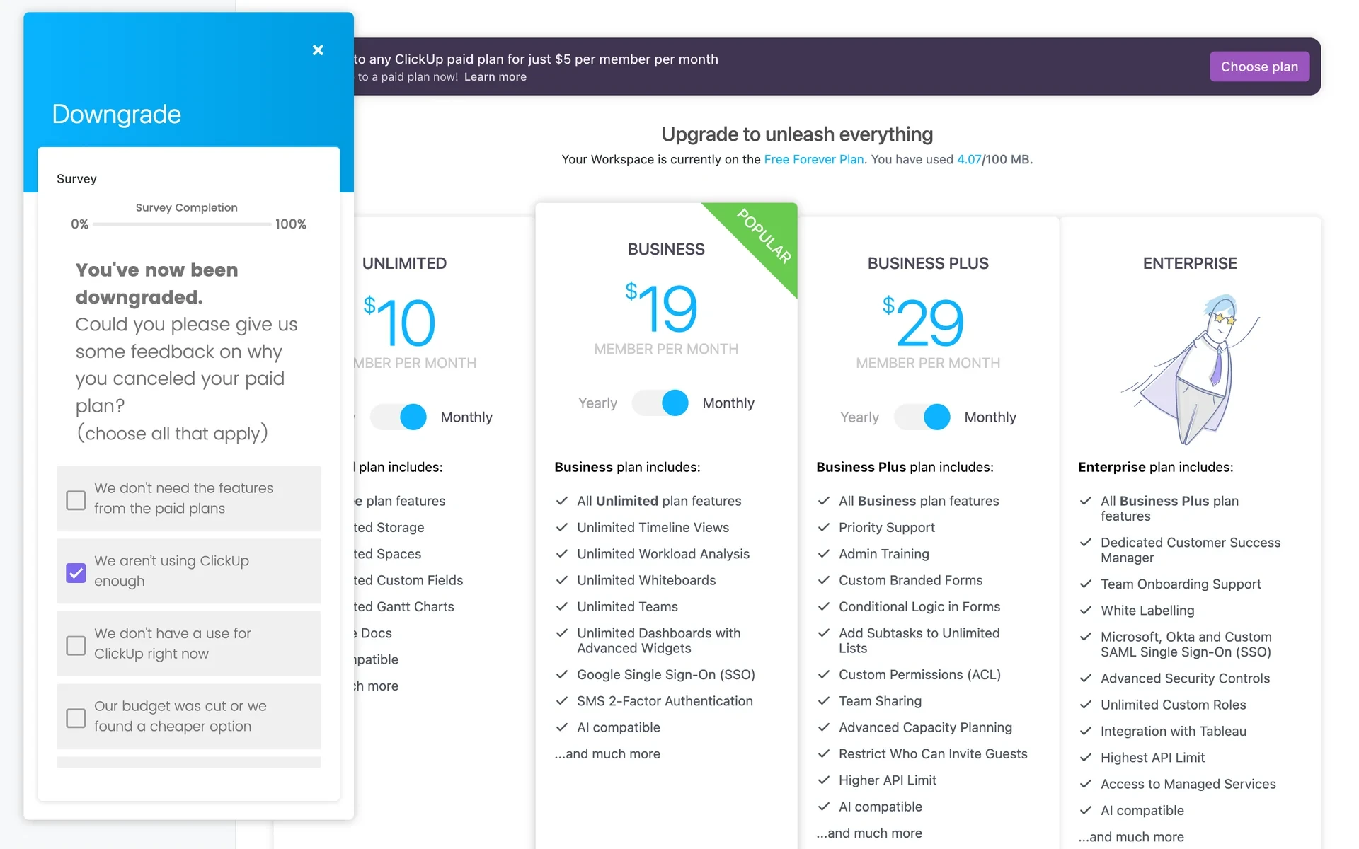 ClickUp Upgrade page after downgrade stating Your Workspace is currently on the Free Forever Plan with storage used 4.07/100 MB, behind a Downgrade survey with We aren't using ClickUp enough checked
