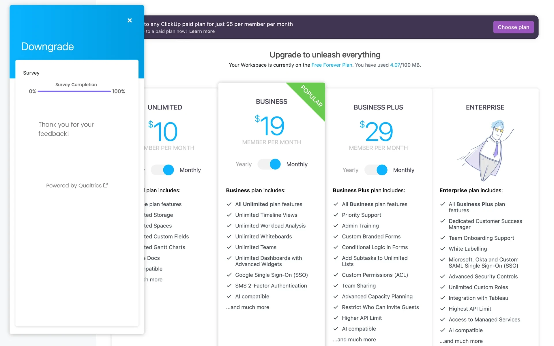 ClickUp Downgrade Qualtrics survey at 100% Survey Completion showing Thank you for your feedback over the Free Forever Upgrade page