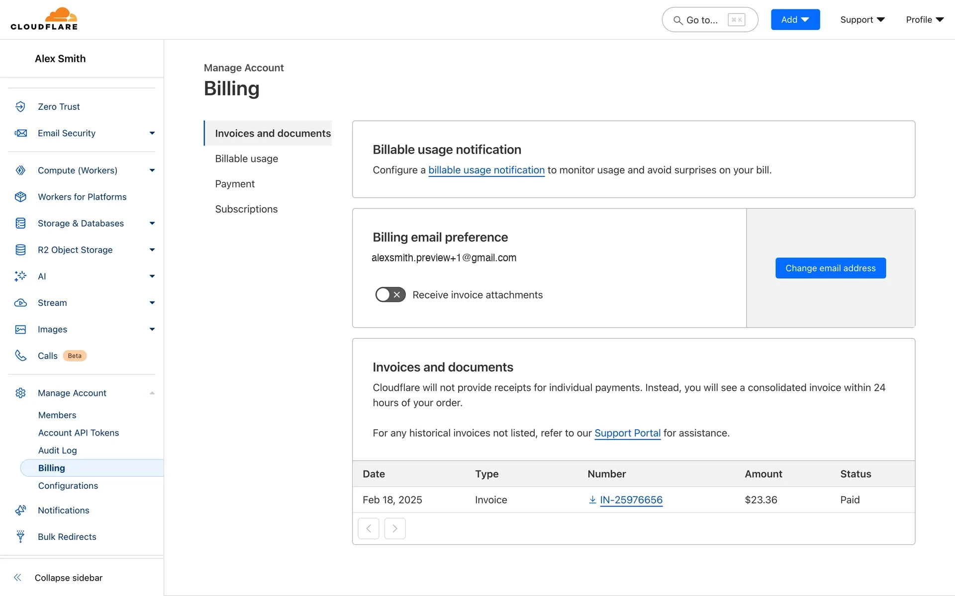 Cloudflare Manage Account Billing page on the Invoices and documents tab, with sidebar links for Billable usage, Payment, and Subscriptions