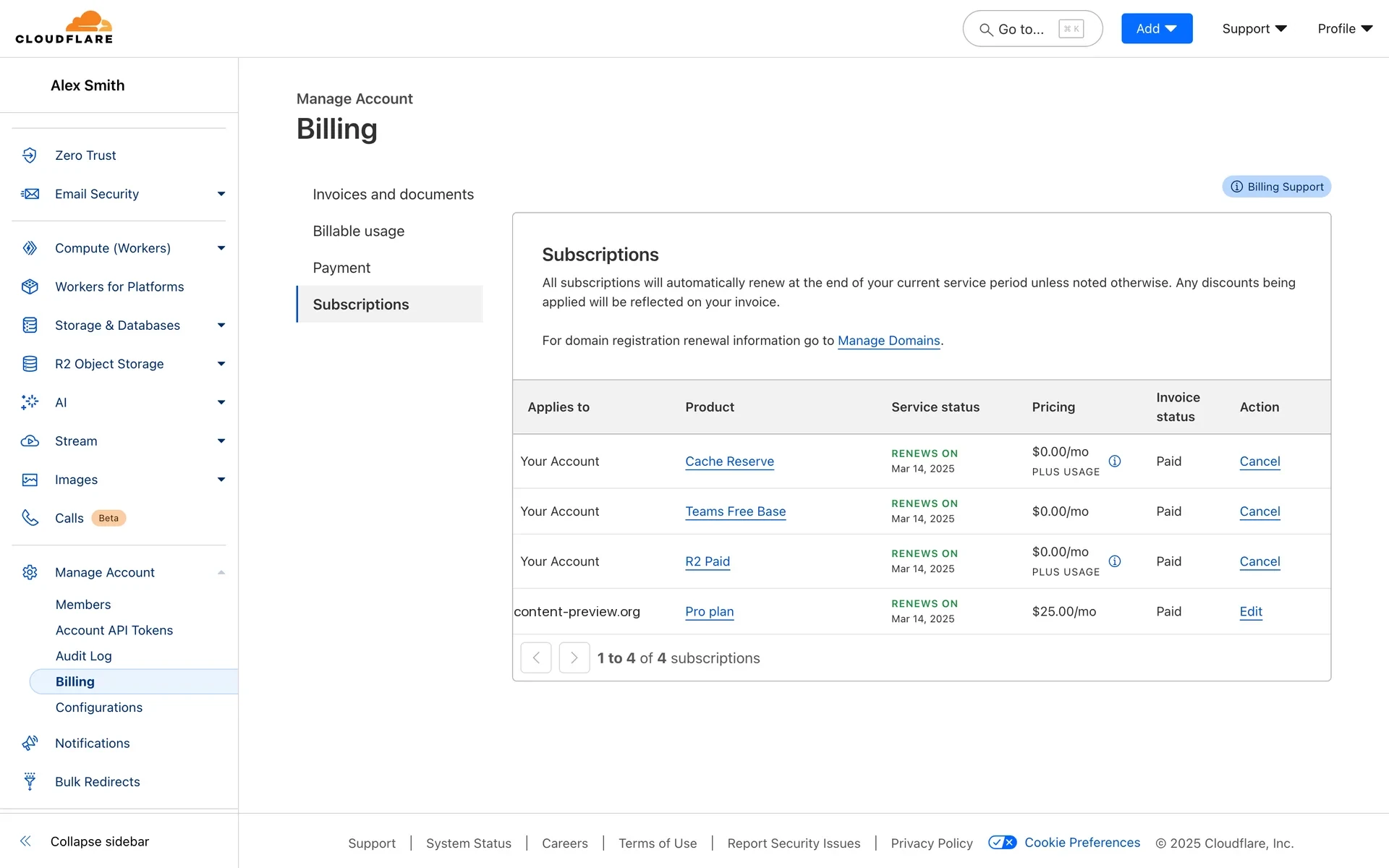 Cloudflare Billing Subscriptions table listing Cache Reserve, Teams Free Base, and R2 Paid with Cancel links, plus a Pro plan row for a domain at $25.00/mo with an Edit action