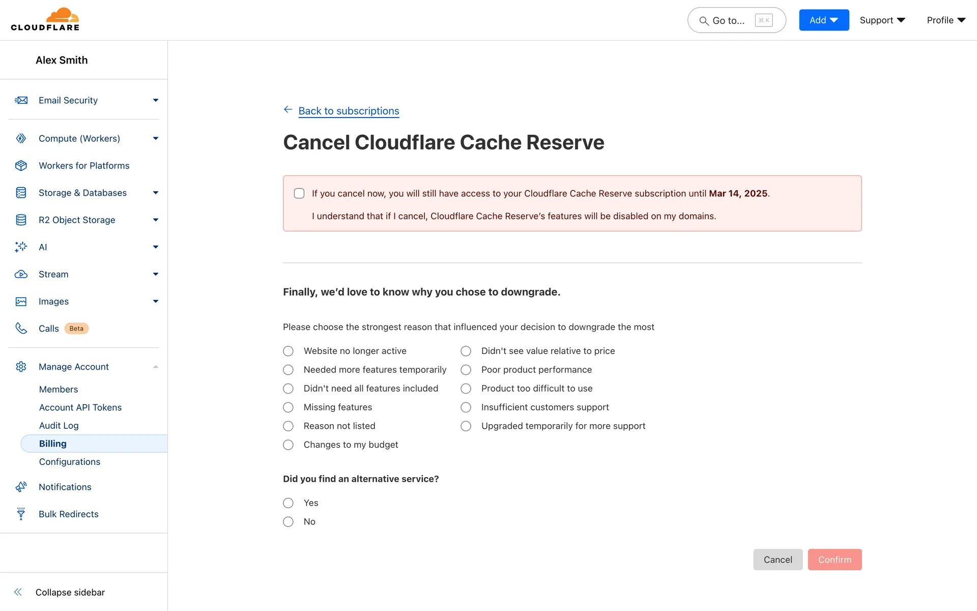 Cancel Cloudflare Cache Reserve page with an access-until date notice, an unchecked acknowledgment checkbox, a downgrade reason survey, and a disabled Confirm button
