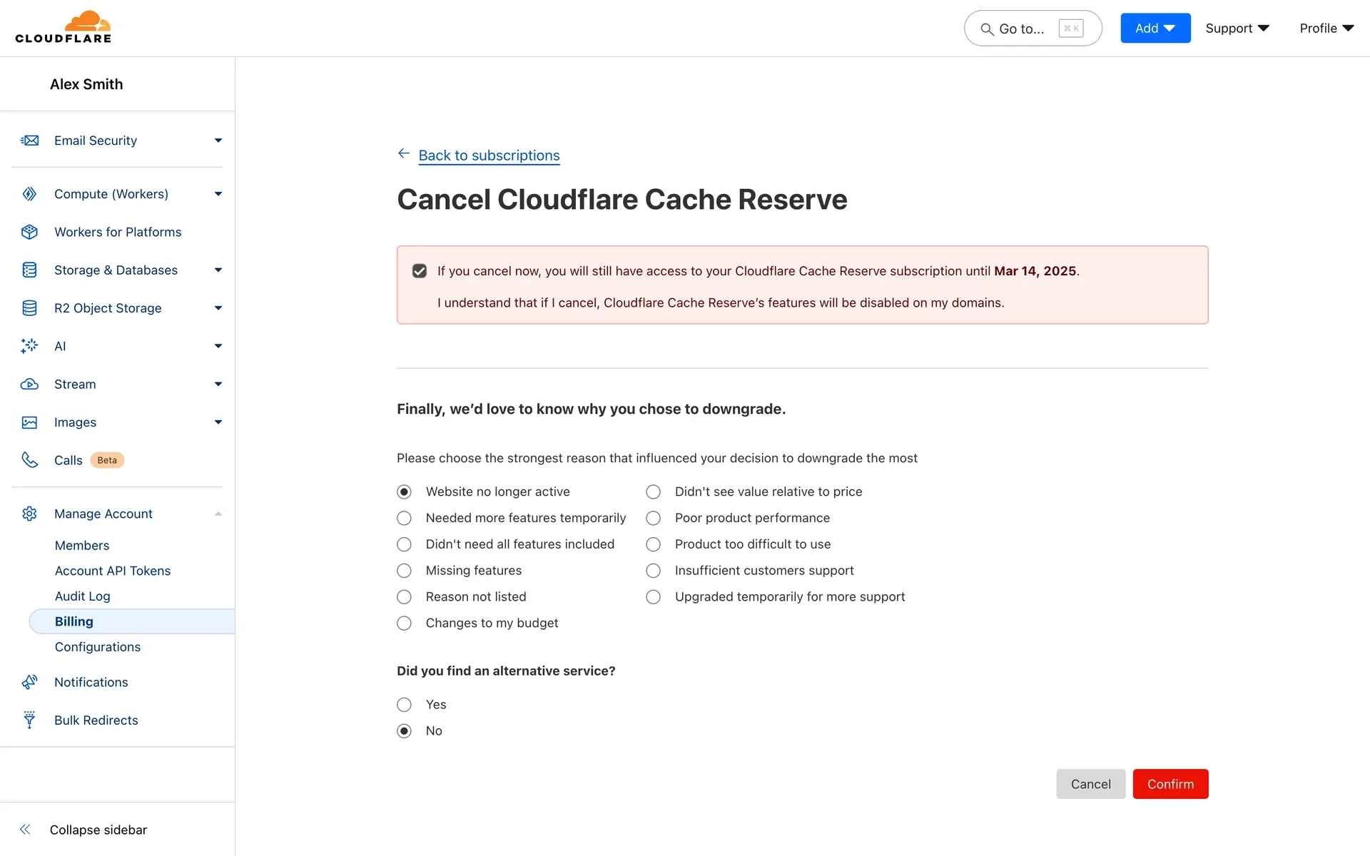 Cancel Cache Reserve form with the acknowledgment checked, Website no longer active selected as the reason, No selected for alternative service, and the red Confirm button enabled