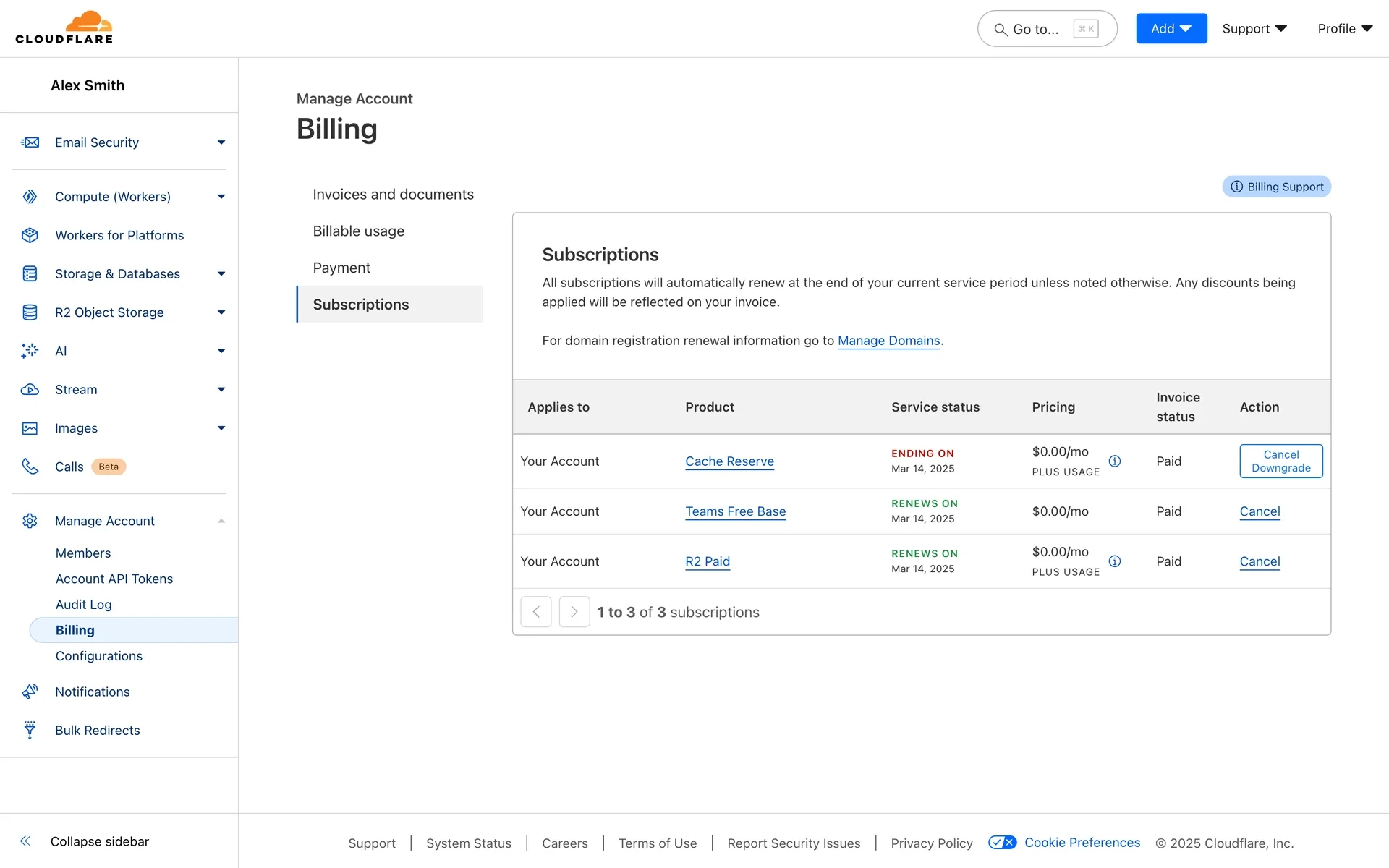 Cloudflare Subscriptions list after cancellation showing Cache Reserve with a red ENDING ON date instead of RENEWS ON, while other account subscriptions still show RENEWS ON