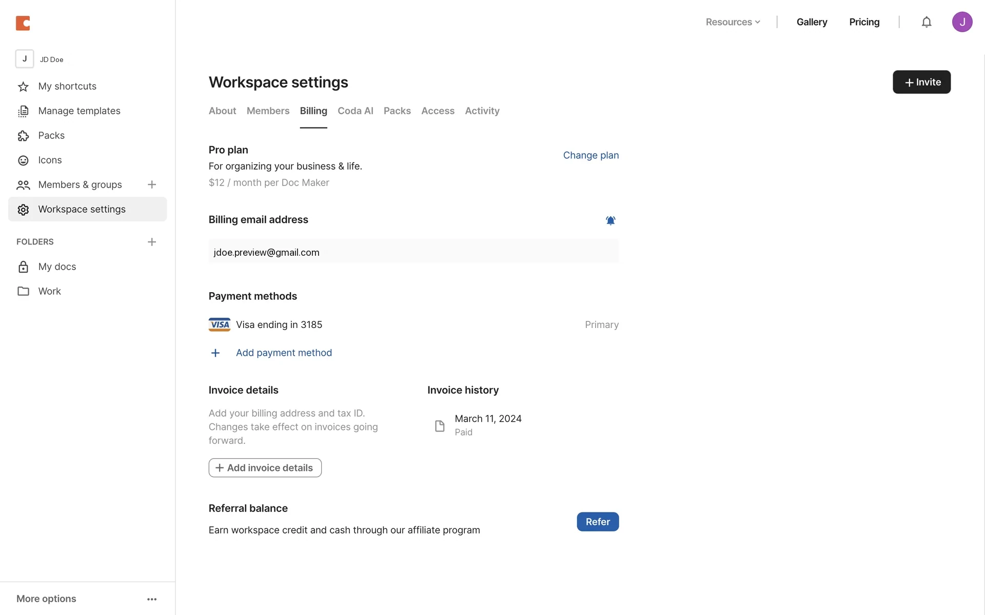 Coda Workspace settings Billing tab showing Pro plan at $12 per month per Doc Maker, Change plan link, billing email, Visa payment method, and invoice history