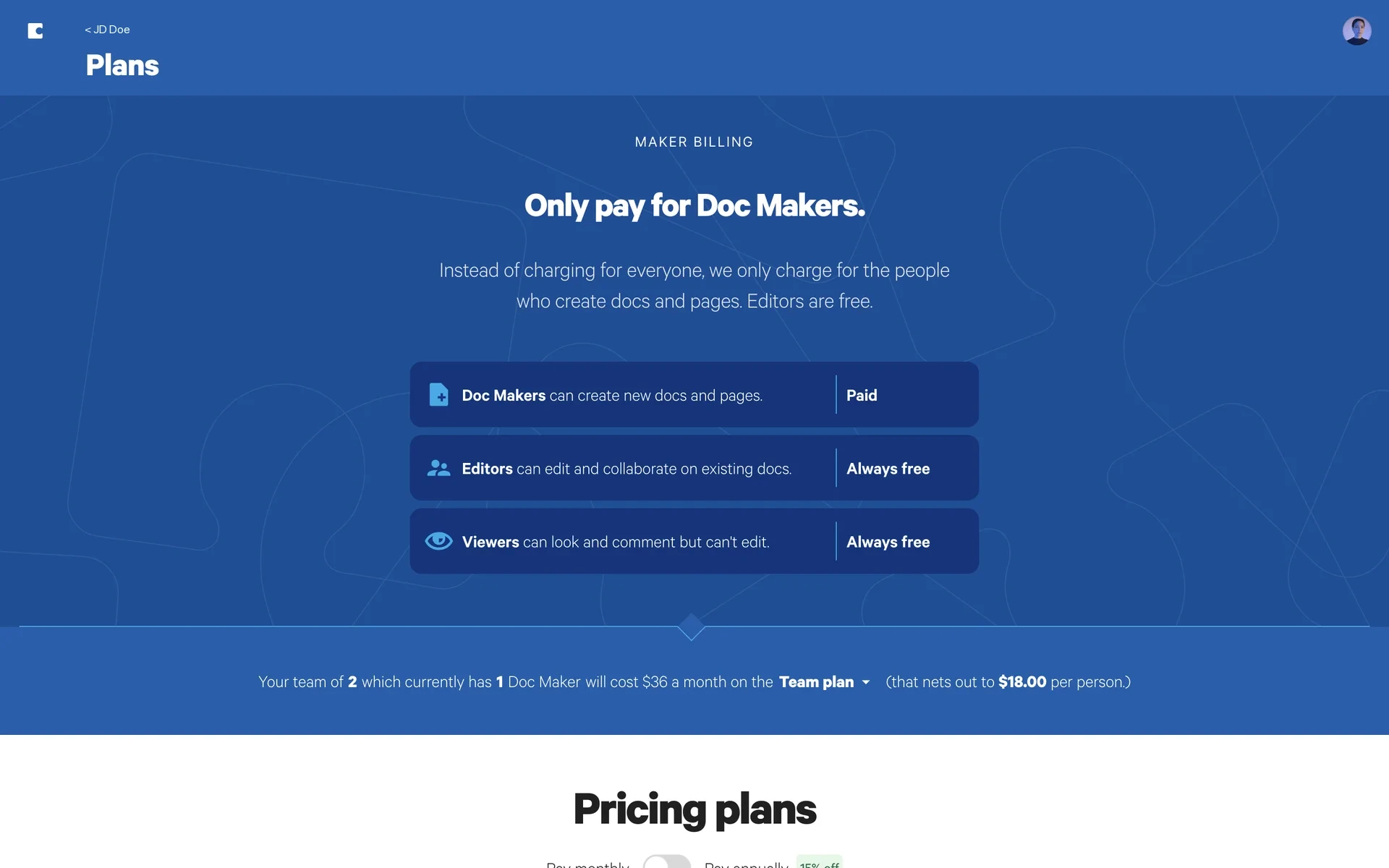 Coda Plans page with Maker Billing headline Only pay for Doc Makers, cards for Doc Makers Paid, Editors Always free, and Viewers Always free