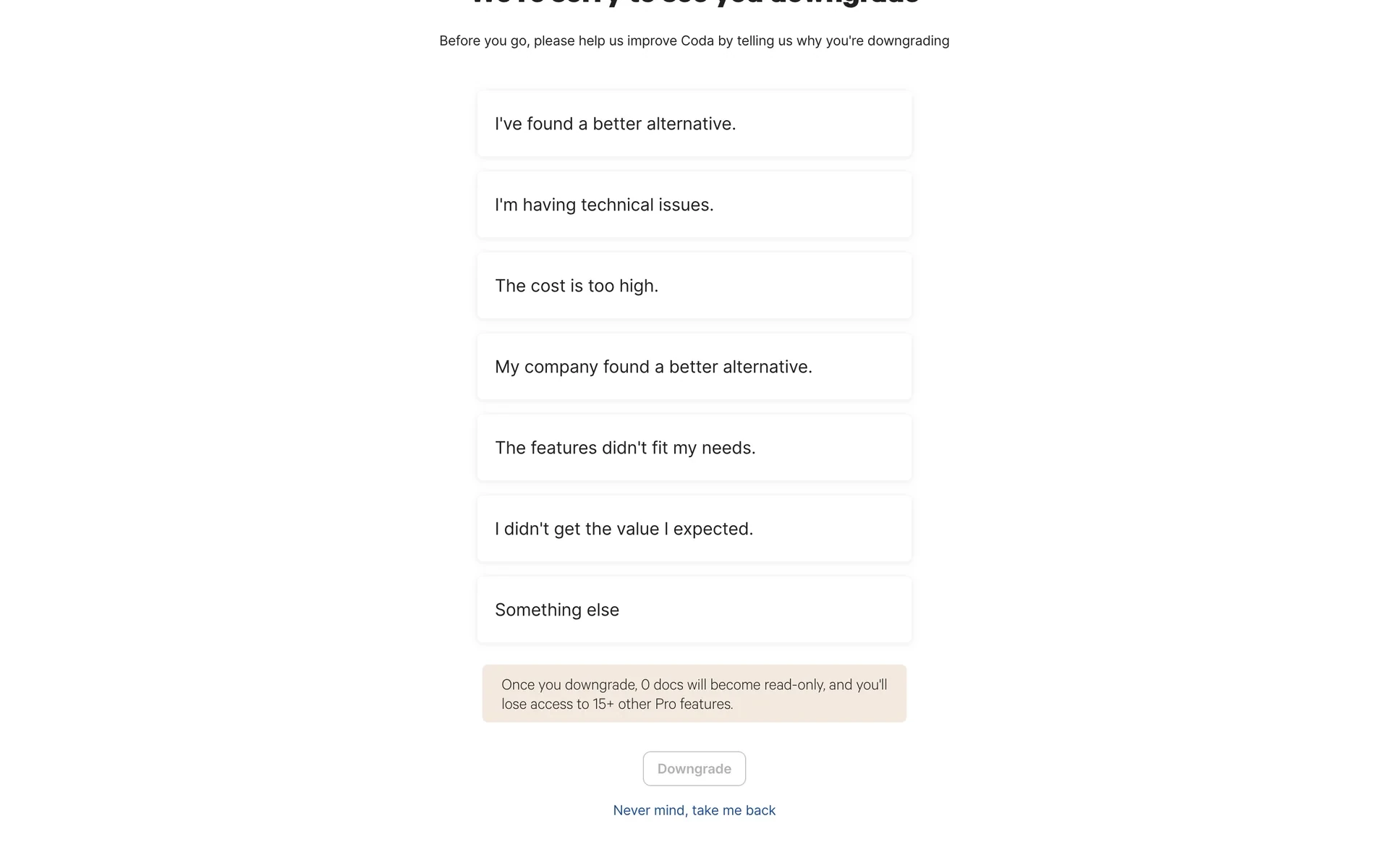 Coda downgrade survey titled We're sorry to see you downgrade with seven reason buttons, a warning about docs becoming read-only, and a Downgrade button
