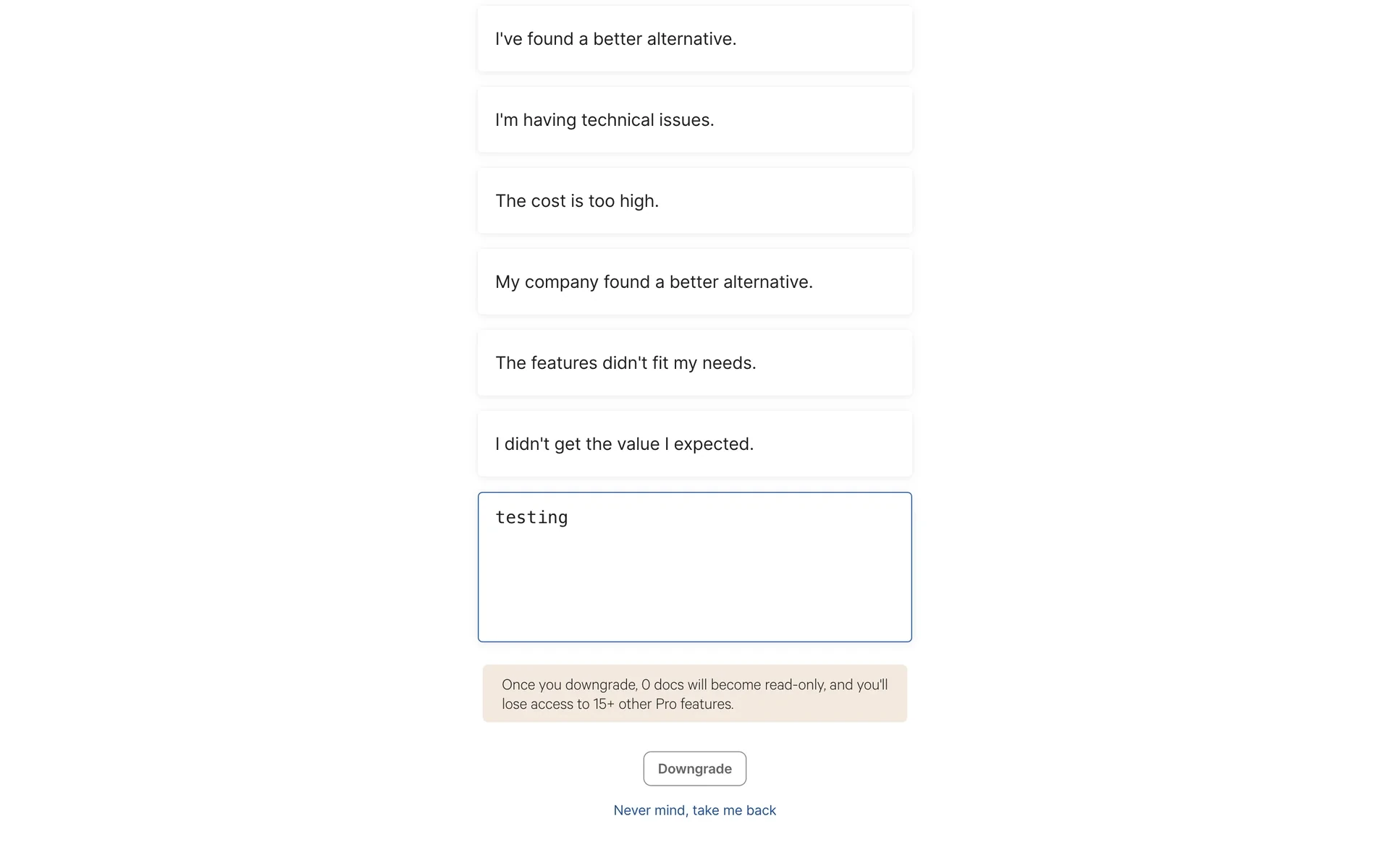 Coda downgrade survey with Something else text filled in, the read-only warning banner, and the Downgrade confirmation button