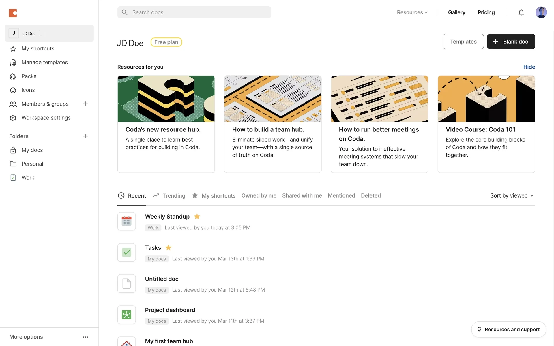 Coda workspace home for JD Doe with a yellow Free plan badge next to the workspace name, sidebar Workspace settings link, and recent docs list