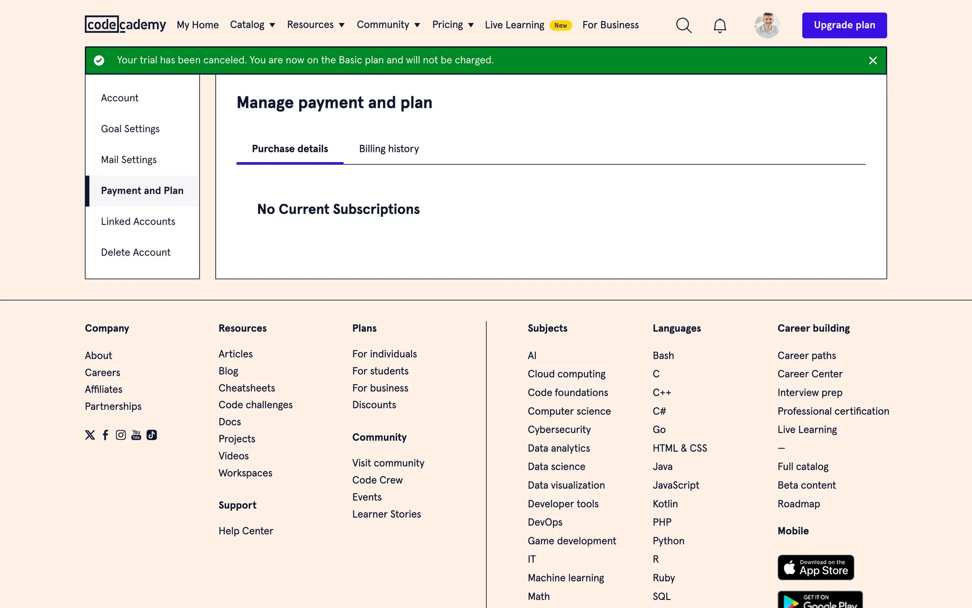 Codecademy Manage payment and plan page after cancelling, showing a green success banner "Your trial has been canceled. You are now on the Basic plan and will not be charged" and a "No Current Subscriptions" message under Purchase details
