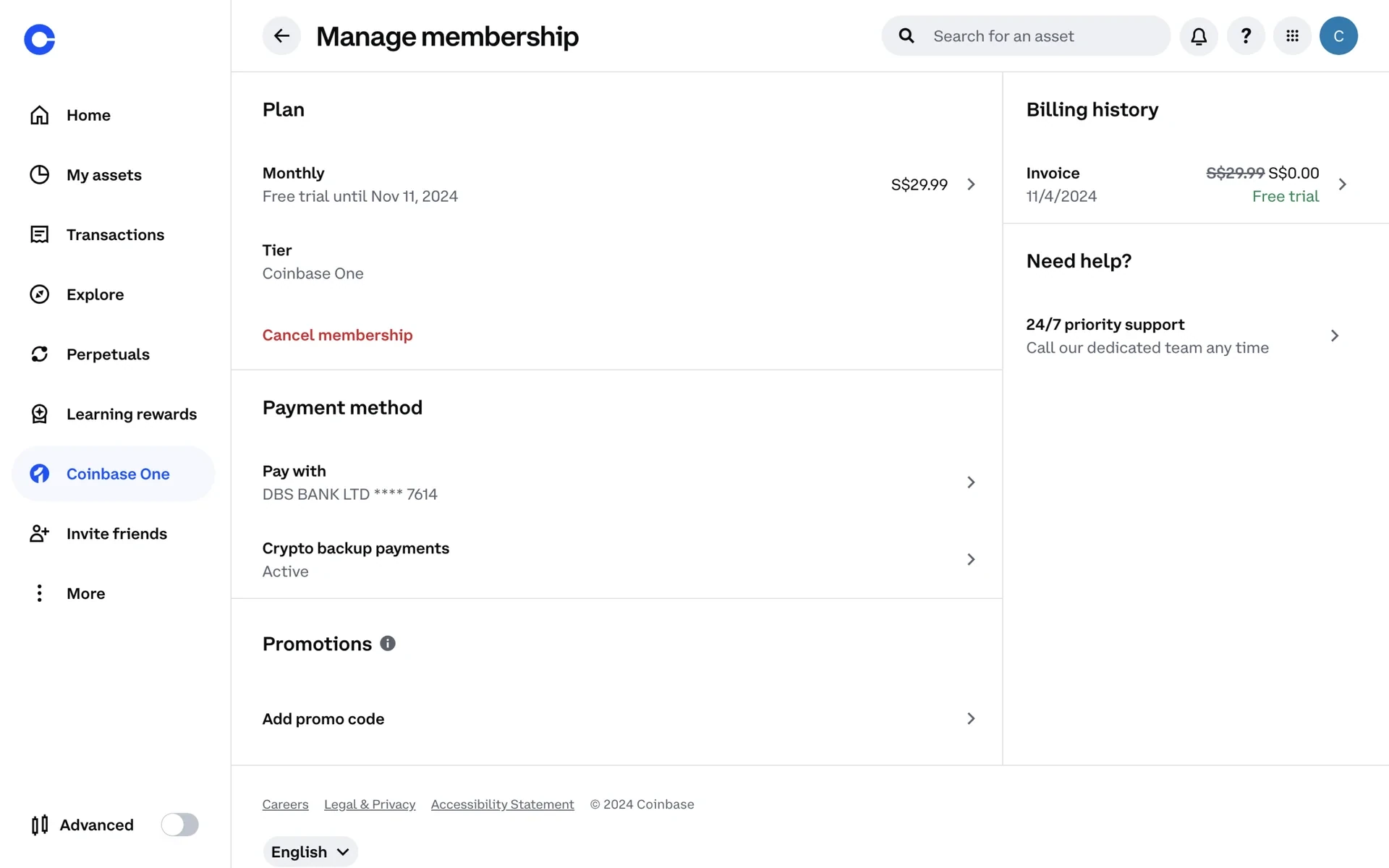 Coinbase One Manage membership page showing Plan Monthly $29.99, Tier Coinbase One, and a red Cancel membership link