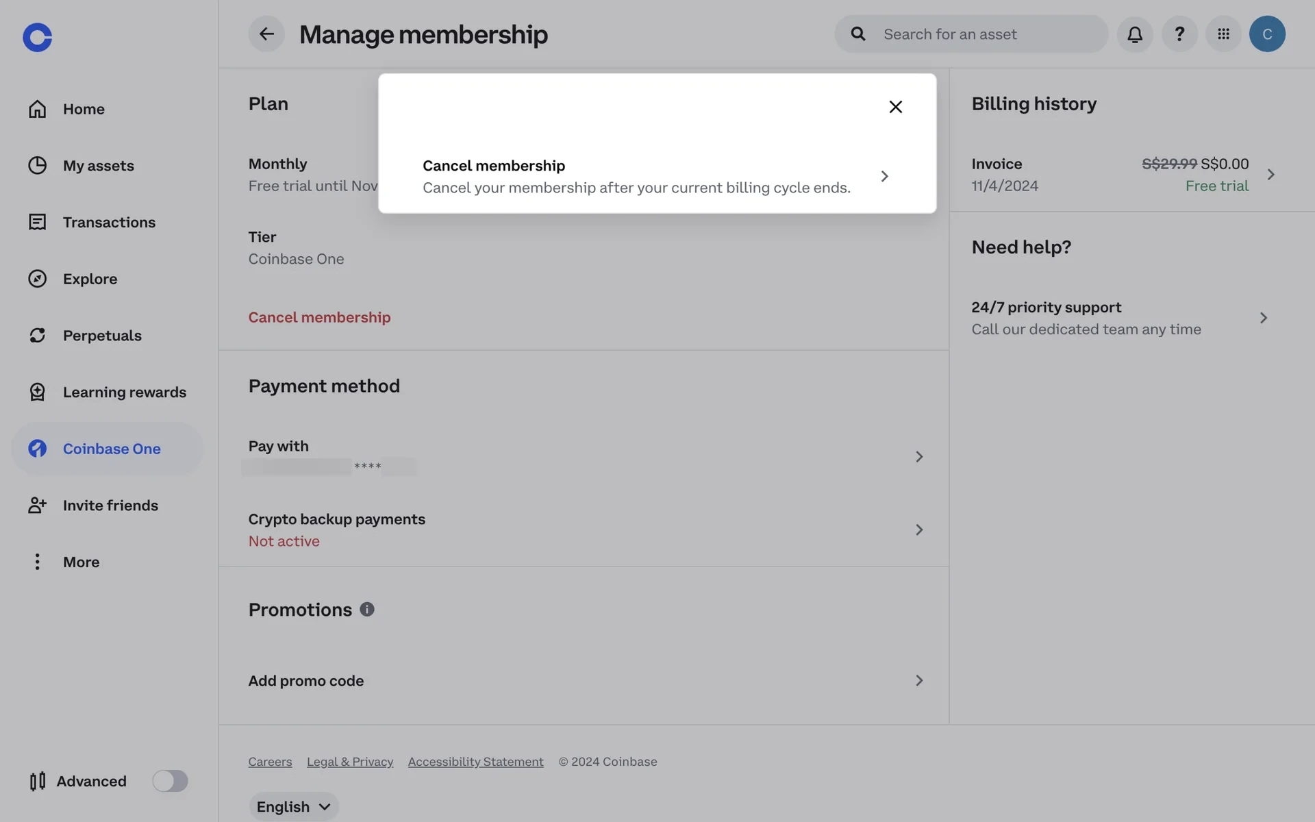 Cancel membership sheet stating your membership will be canceled after your current billing cycle ends