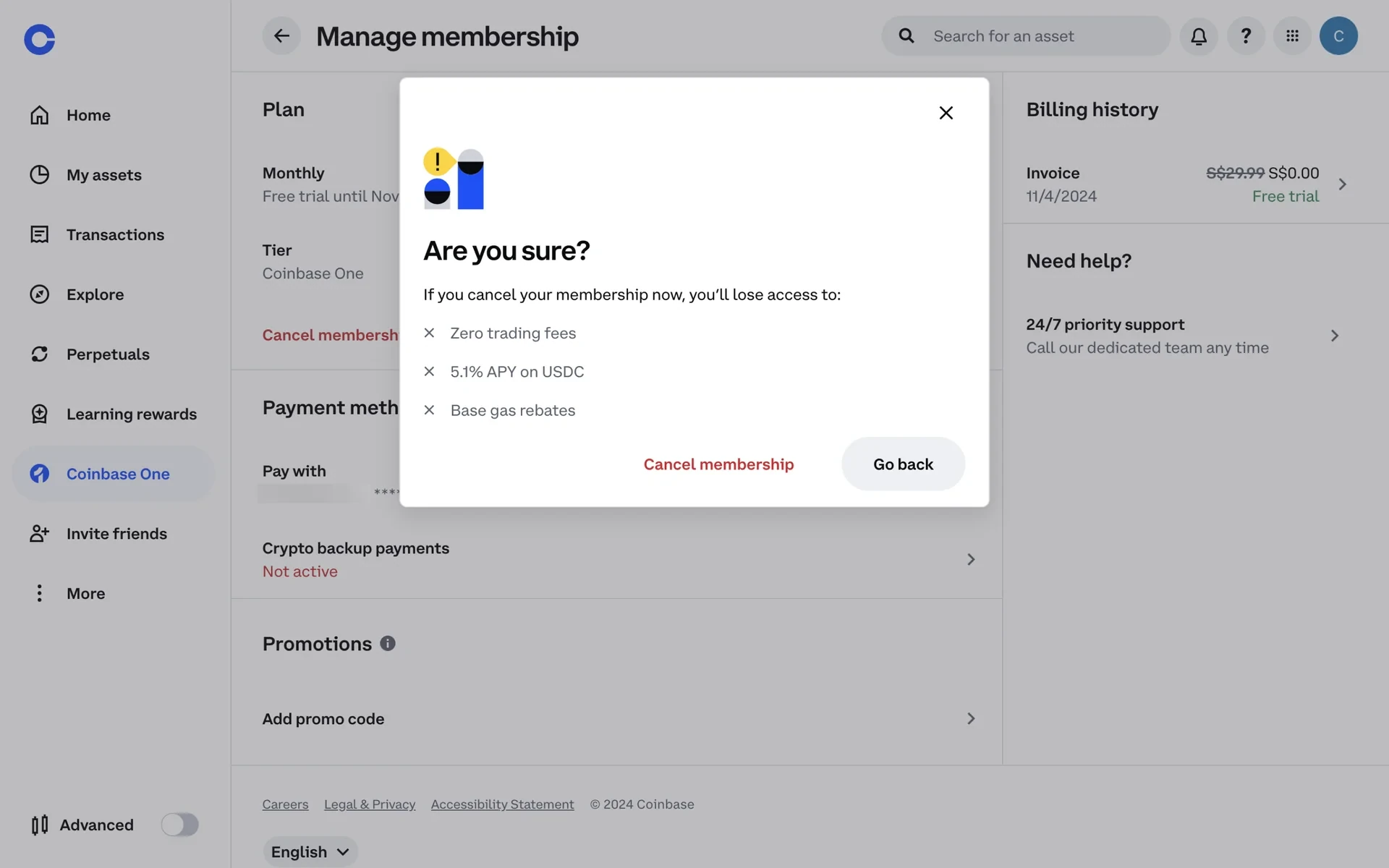 Are you sure screen listing lost benefits Zero trading fees, 5.1% APY on USDC, and Base gas rebates, with Cancel membership and Go back buttons