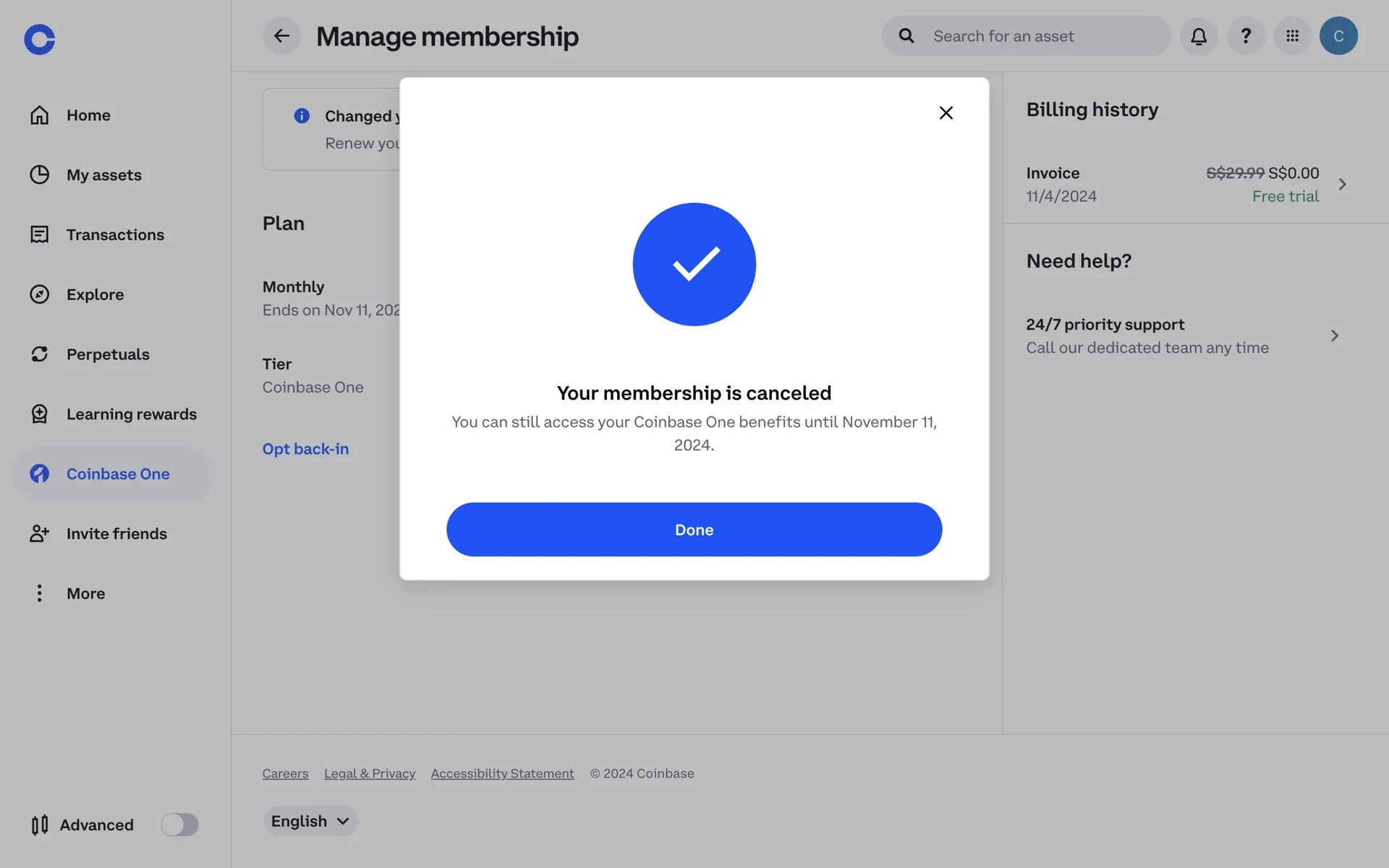 Your membership is canceled confirmation screen stating you can still access Coinbase One benefits until the period end date, with a Done button