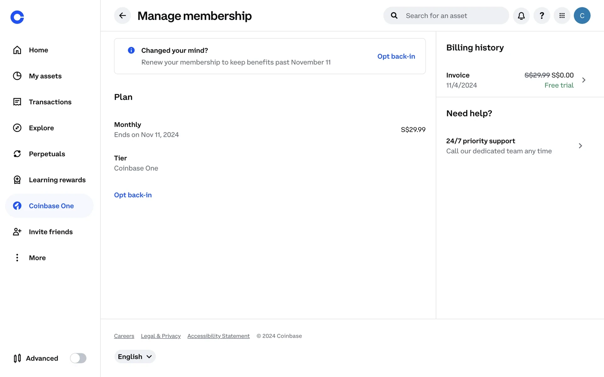 Manage membership after canceling showing a Changed your mind Opt back-in banner and Plan Monthly Ends on the period end date