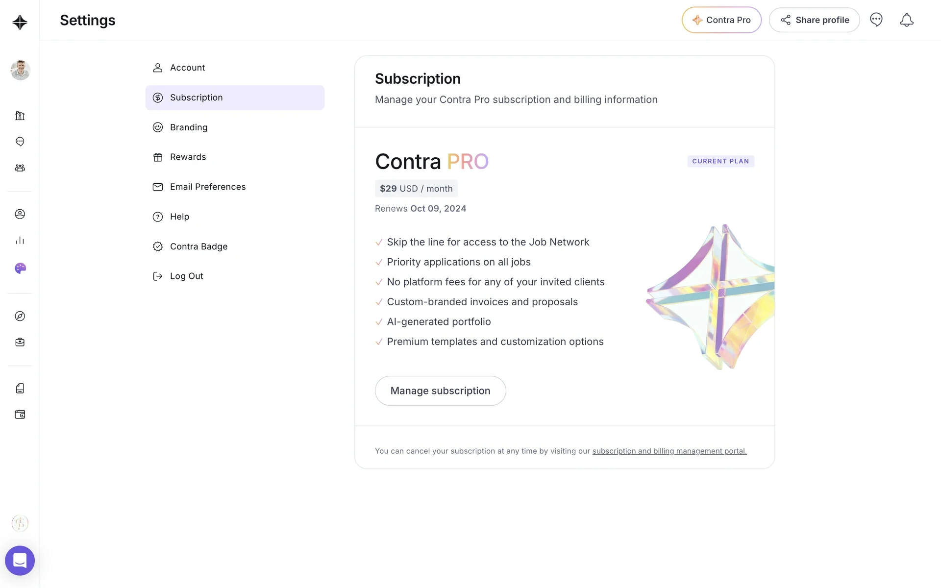 Contra Settings Subscription page showing Contra PRO as CURRENT PLAN at $29 USD per month, feature checklist, and a Manage subscription button