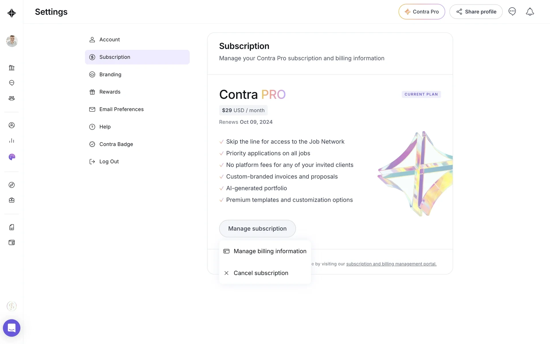 Contra Manage subscription dropdown open over the Pro plan card, listing Manage billing information and Cancel subscription