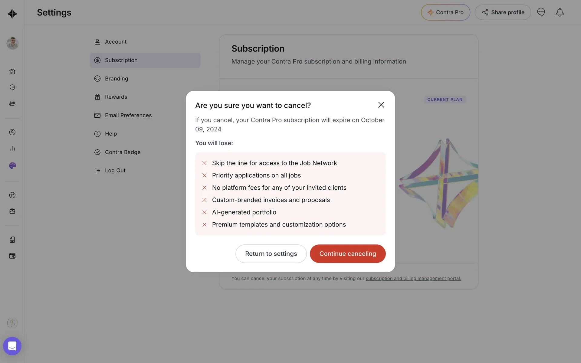 Contra cancel confirmation modal Are you sure you want to cancel with a You will lose feature list, Return to settings, and a red Continue canceling button