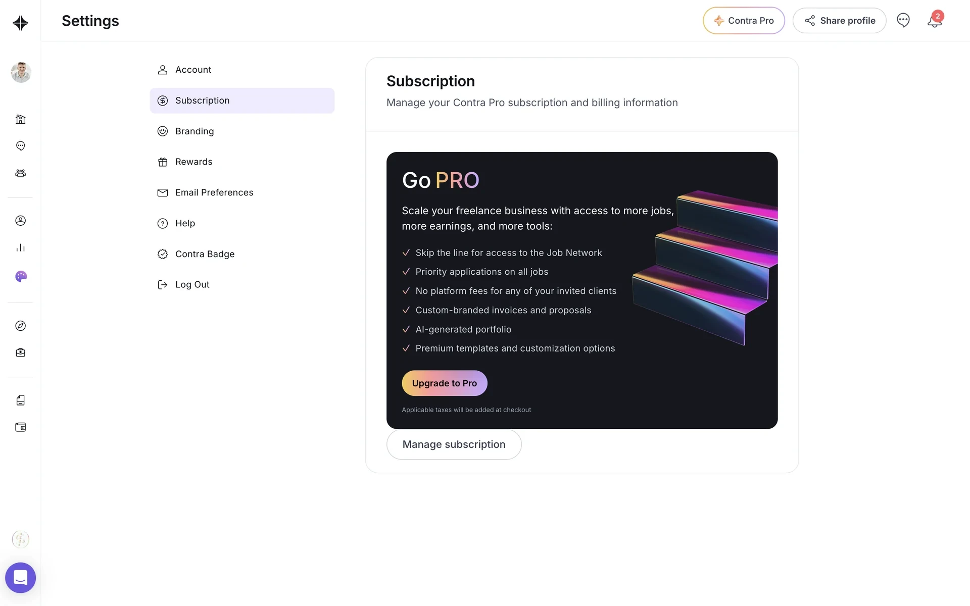 Contra Subscription page on Free showing a Go PRO card with feature checklist, Upgrade to Pro button, and Manage subscription below