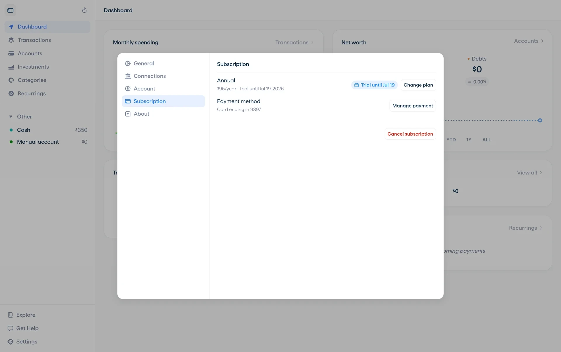 Copilot Money web Settings showing Subscription selected, Annual $95/year with a Trial until Jul 19 badge, Change plan, Manage payment for a card ending 9337, and a red Cancel subscription control