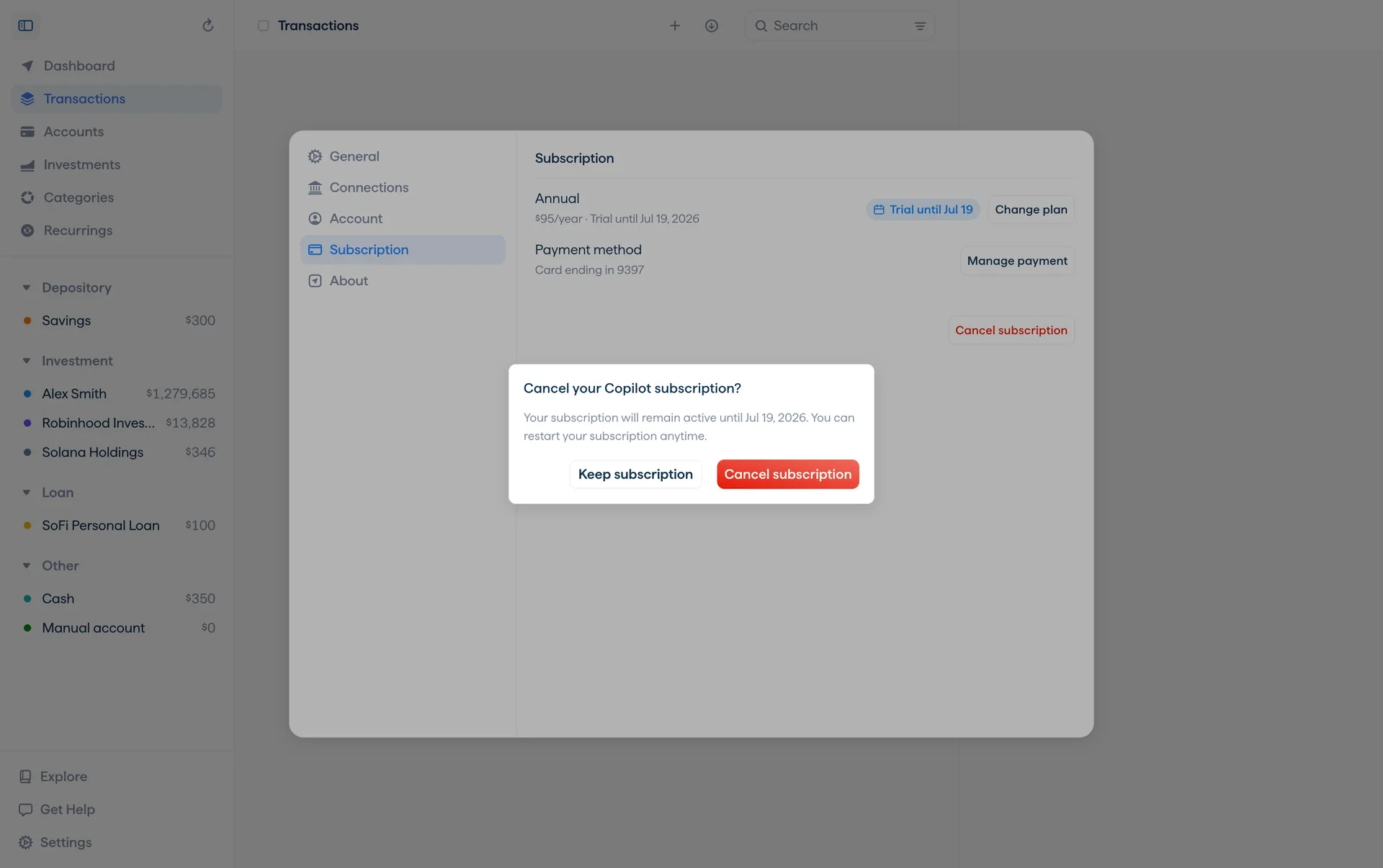 Dialog headed Cancel your Copilot subscription? with copy that the subscription remains active until Jul 19, 2026, plus Keep subscription and a red Cancel subscription button