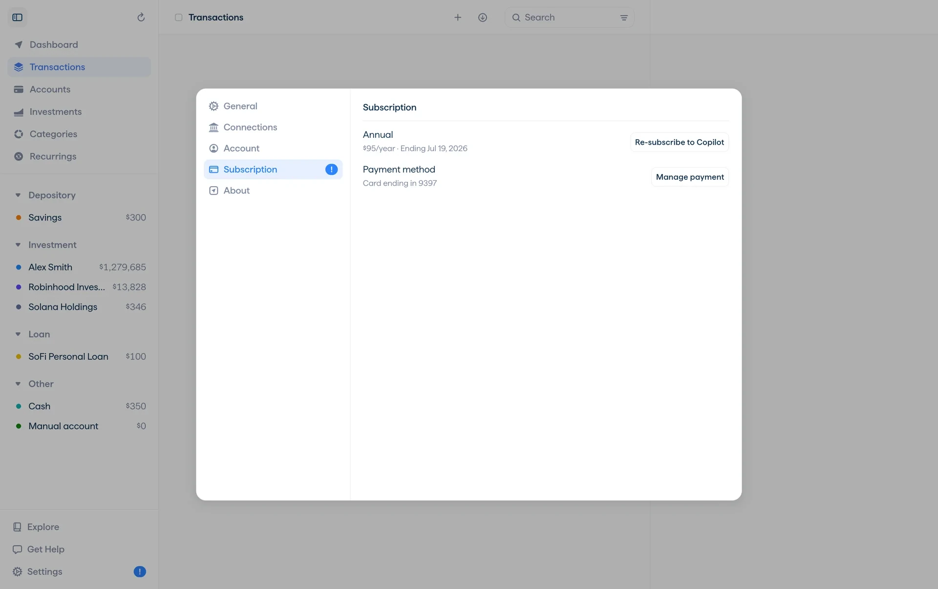 Subscription page after cancel showing Annual $95/year Ending Jul 19, 2026, a Re-subscribe to Copilot button, and Manage payment still available