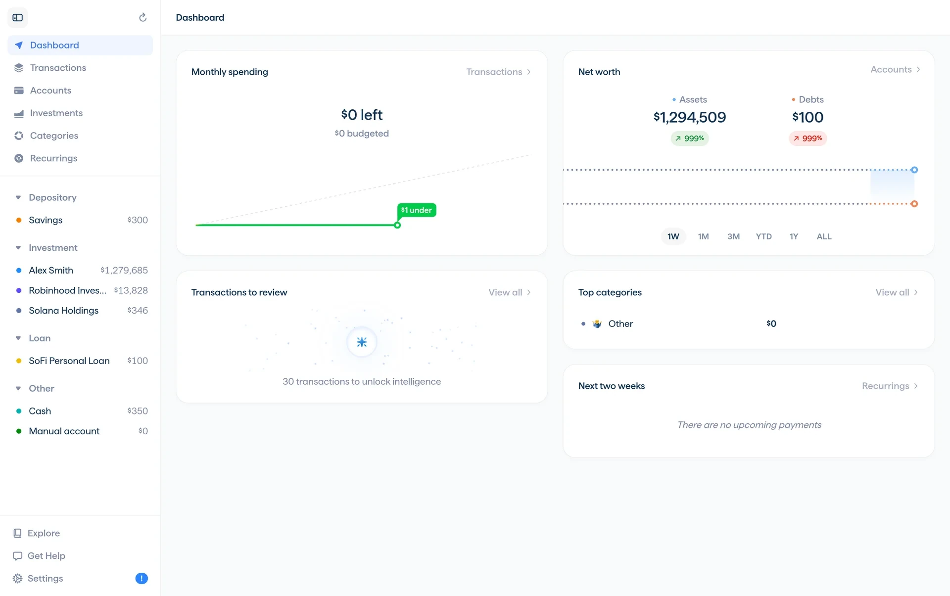 Copilot Money web Dashboard after cancel, still showing Monthly spending, Net worth, Transactions to review, and the Settings gear — access continues