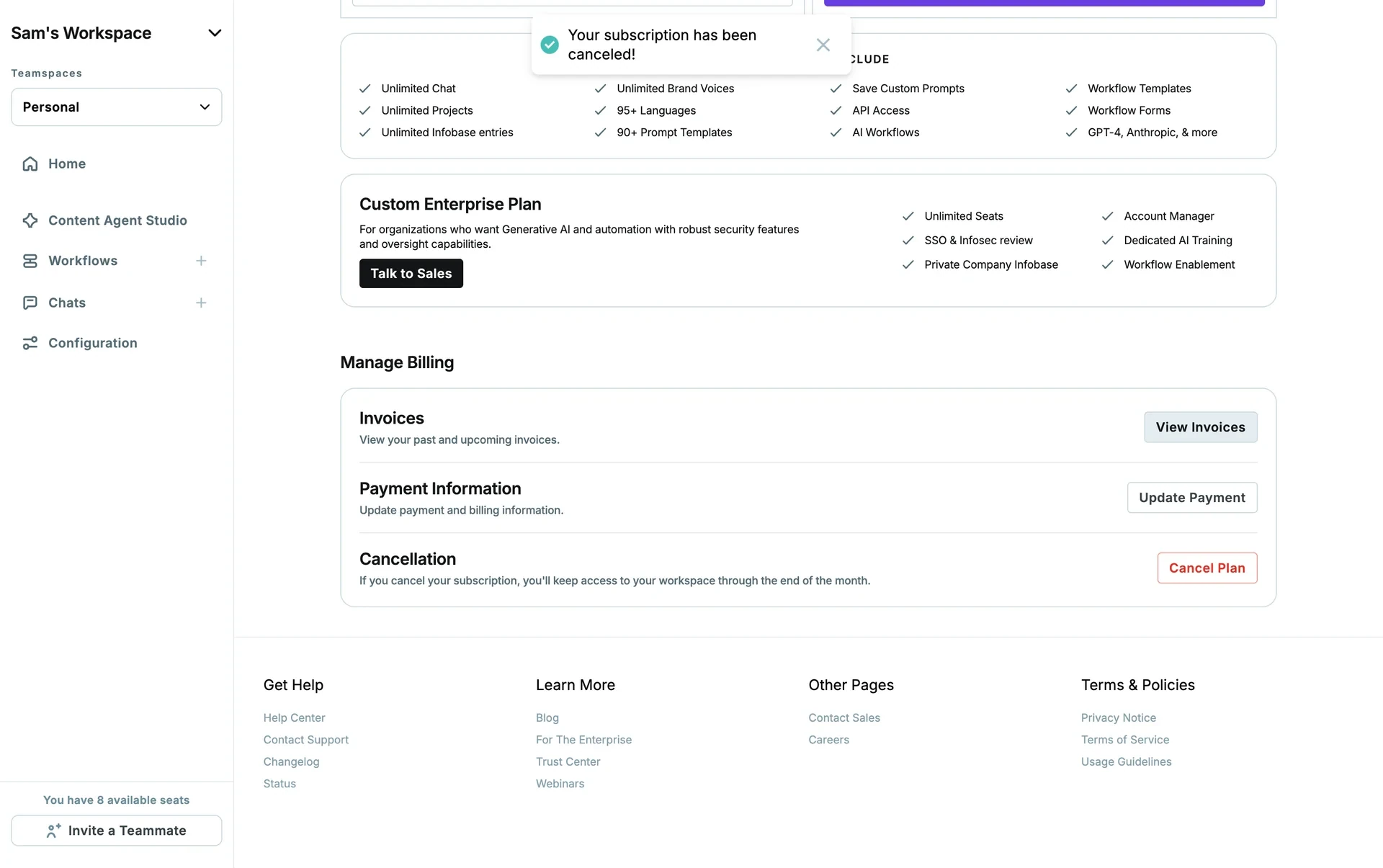 Copy.ai Manage Billing section showing Invoices, Payment Information, and a Cancellation row with the note that you keep access through the end of the month and a red Cancel Plan button